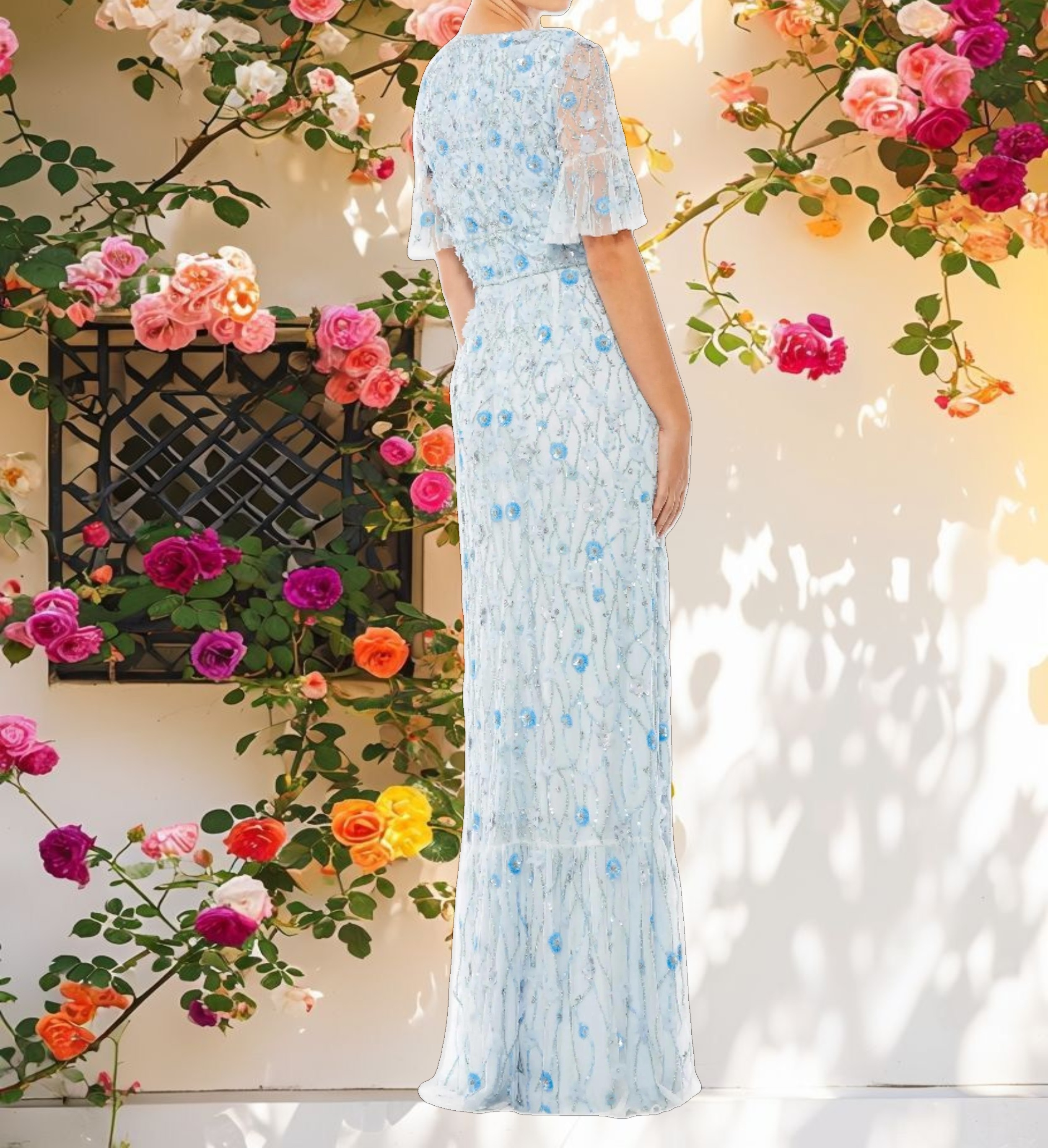 Blue Embellished V Neck Empire Waist Ruffle Hem Gown