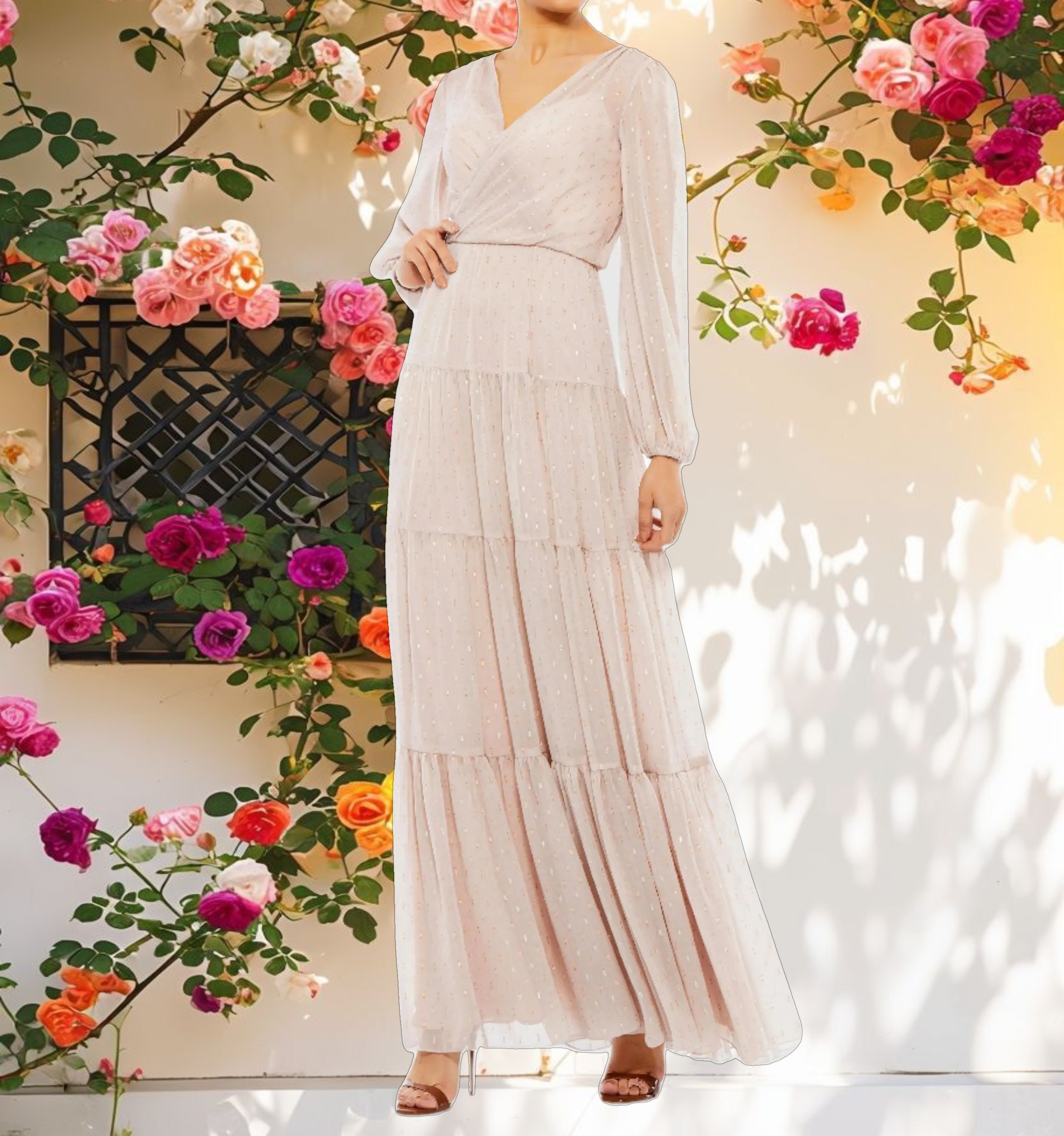 Pink V Neck Tiered Ruffle Gown