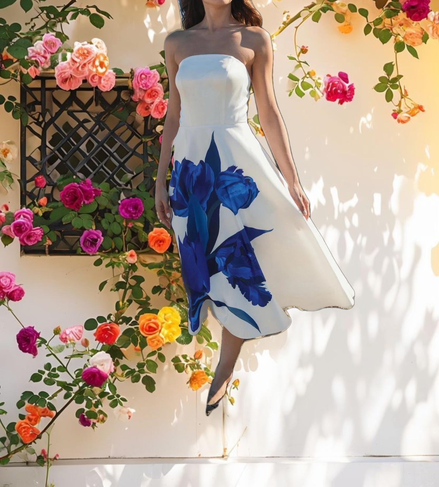 White Strapless Satin Midi Dress With Flower Print