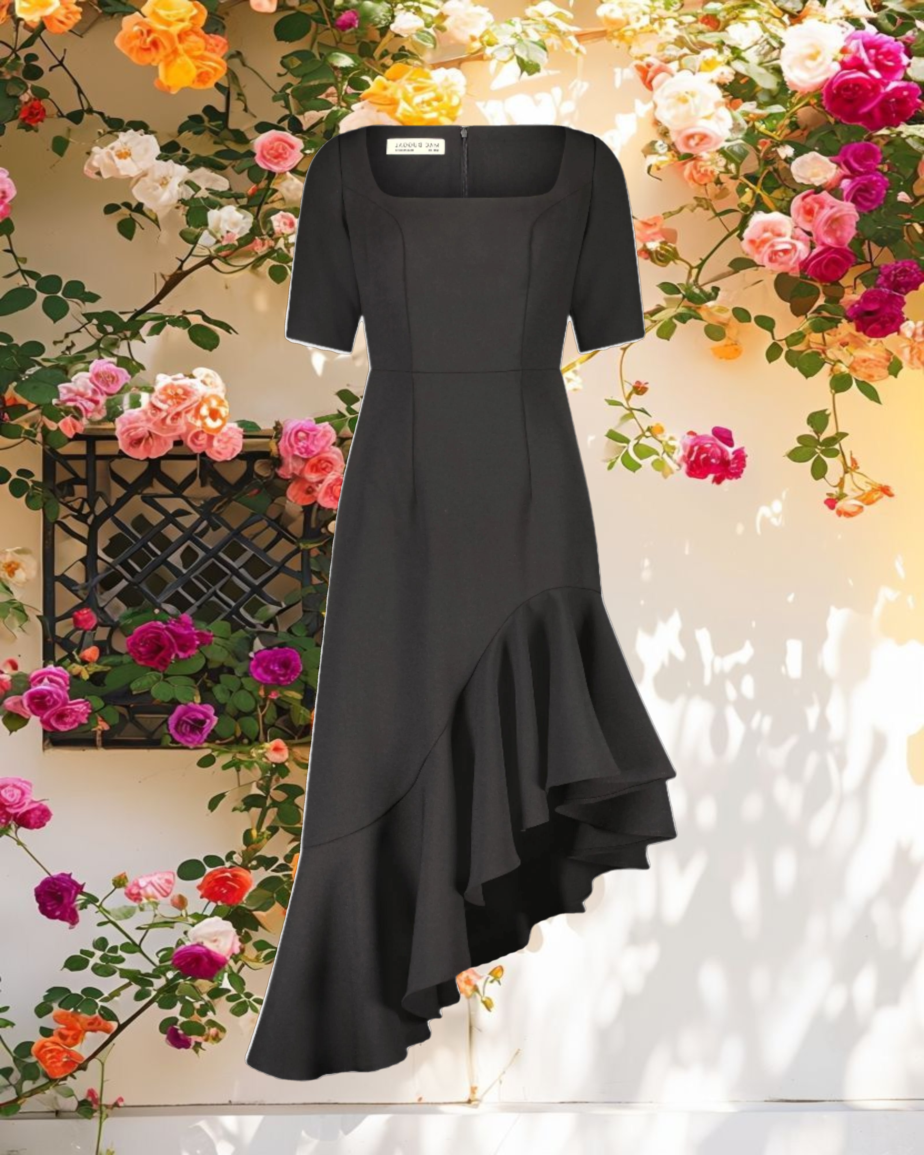 Black Crepe 34 Sleeve Asymmetrical Hem Dress