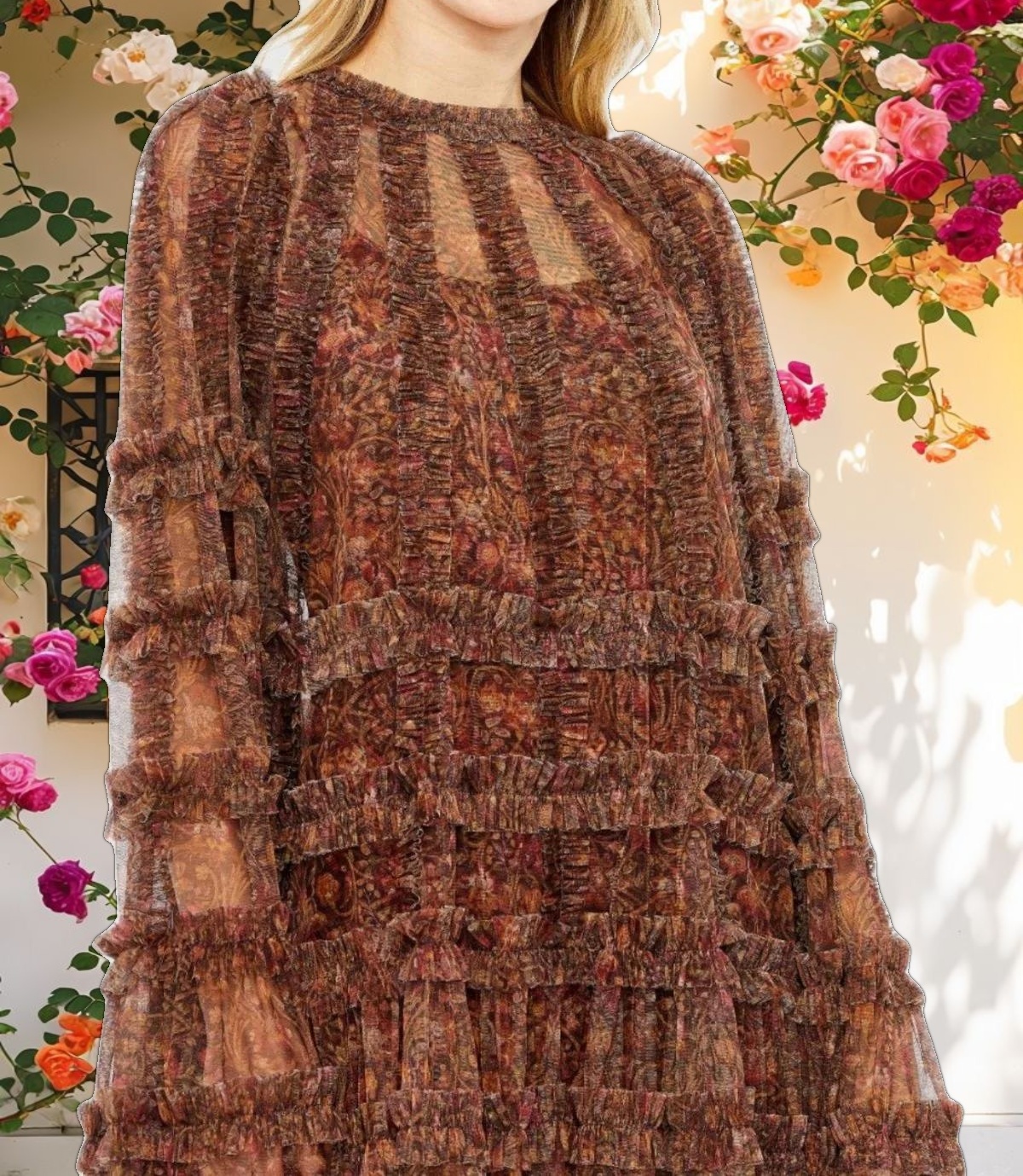 Floral Print Long Flare Sleeve Mesh A Line Dress