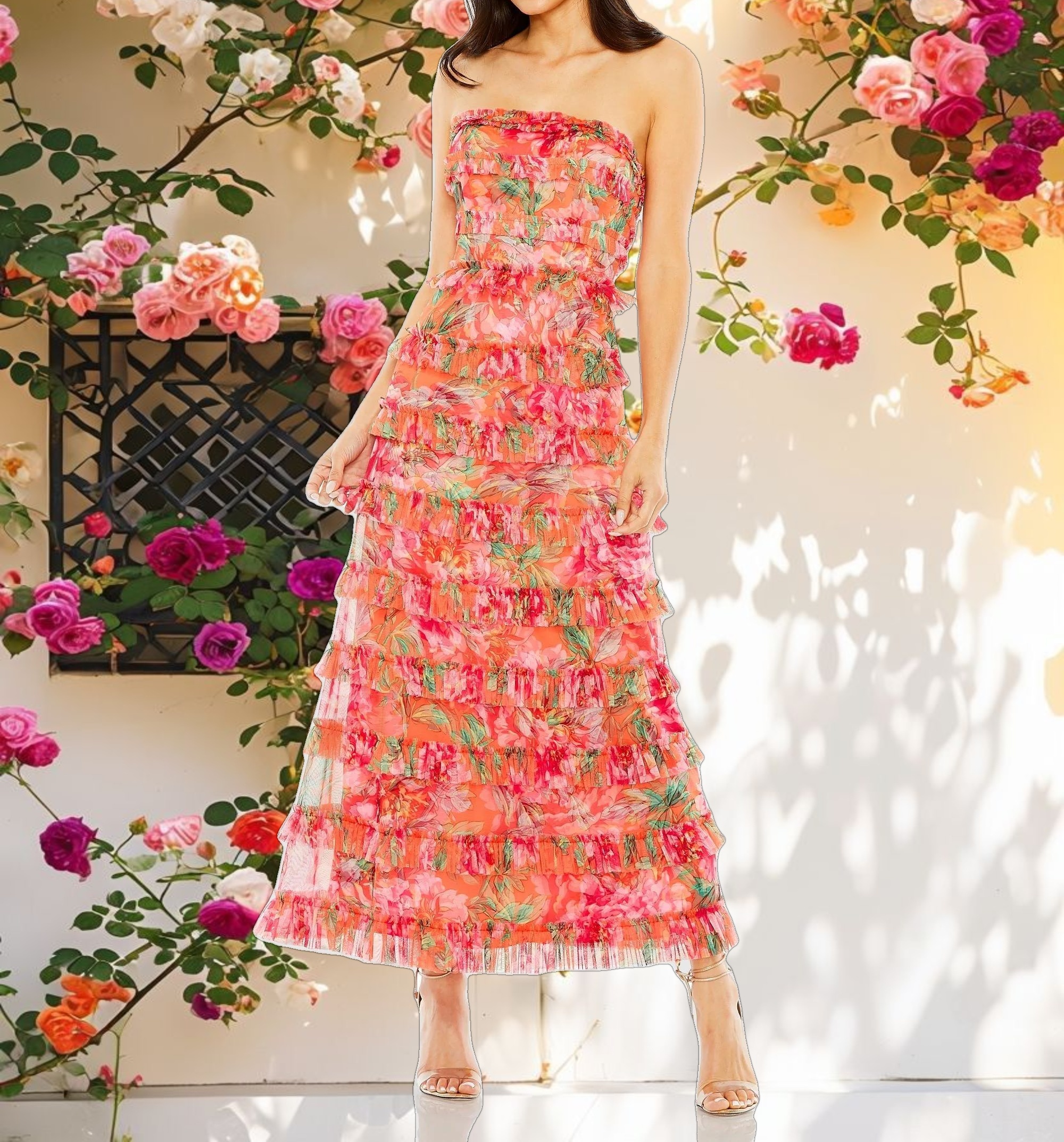 Multicolor Strapless Micro Ruffle Dress