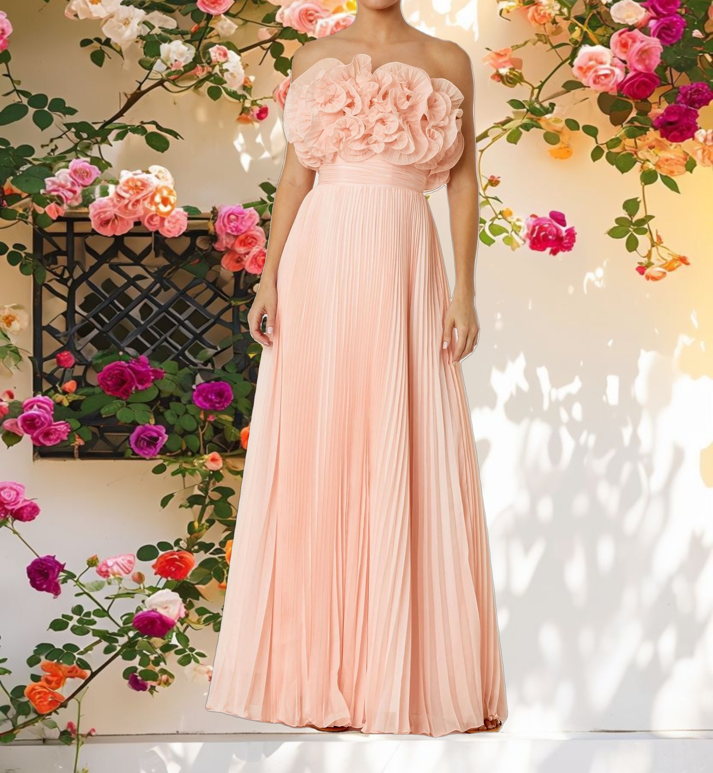 Pink Pleated Chiffon Strapless Gown With Ruffles