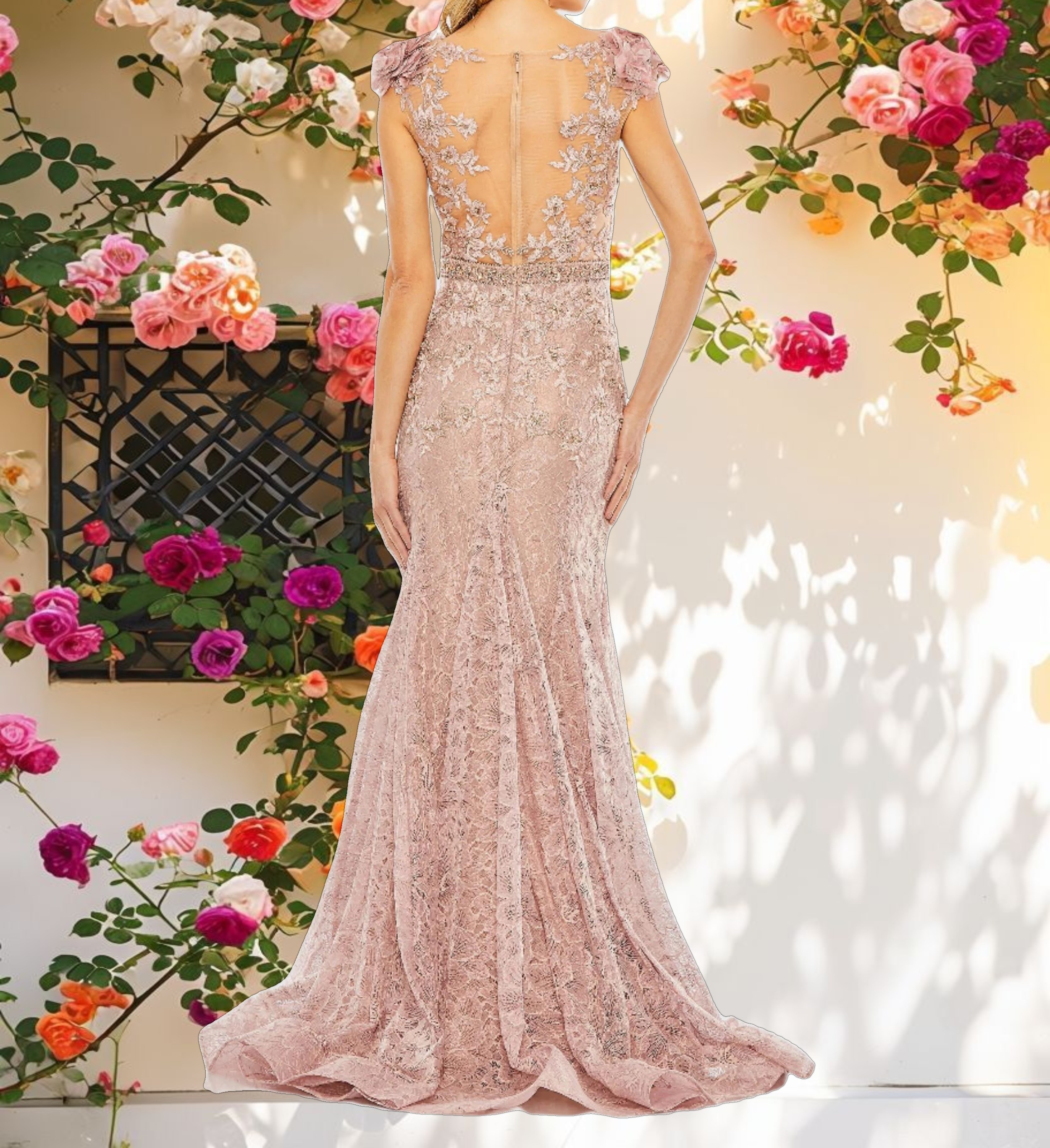 Pink High Neck Shoulder Flower Detail Mermaid Gown