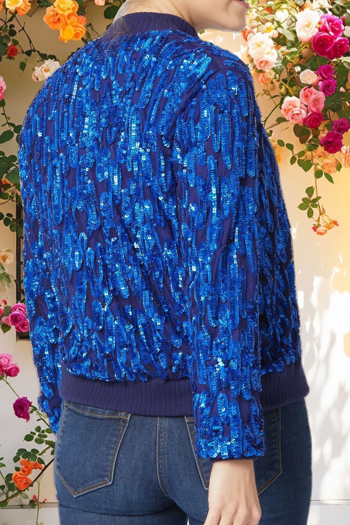 Blue Embellished Zip Up Bomber Jacket