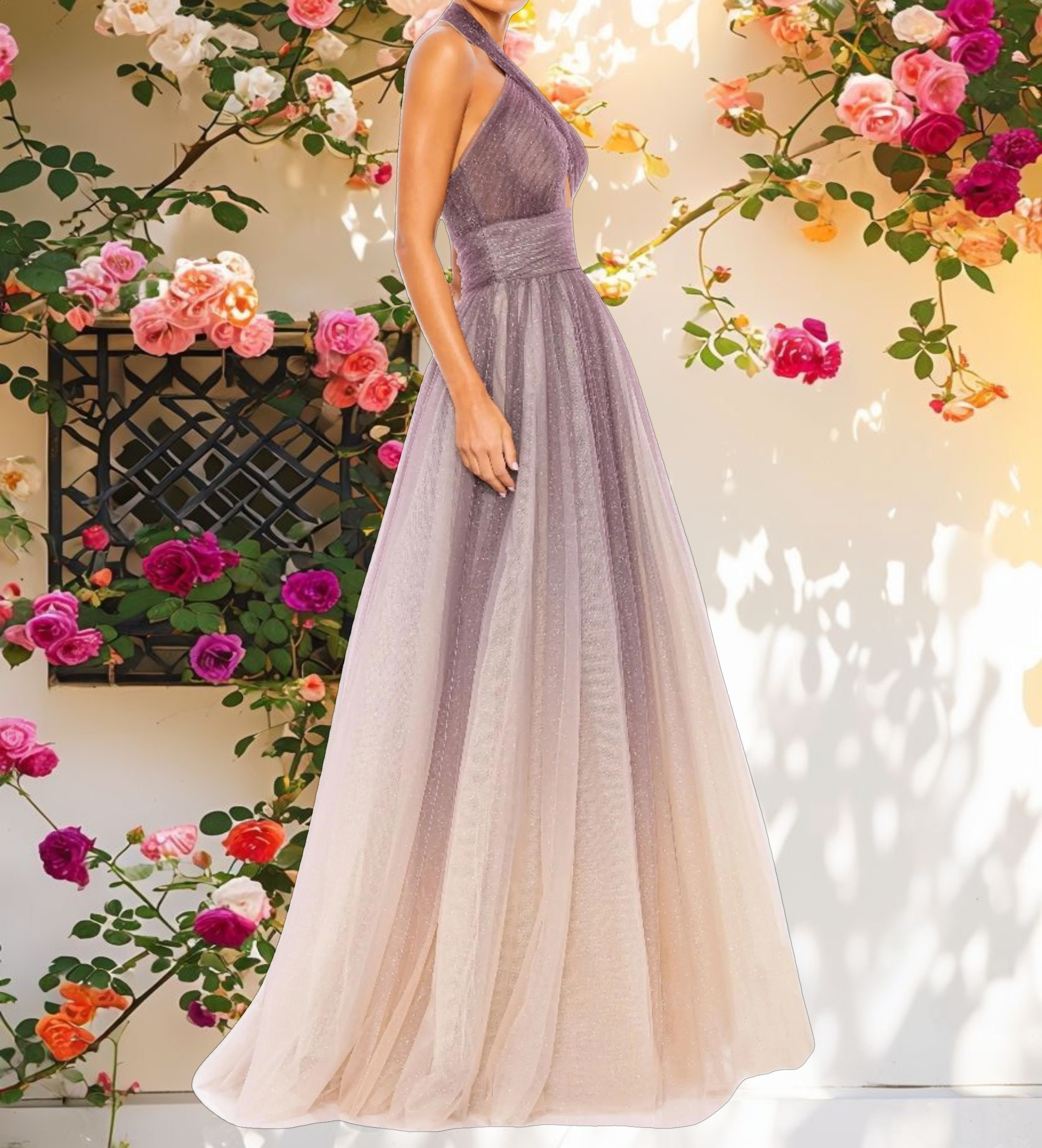 Multicolor Glitter Ombre Halter Neck Ballgown