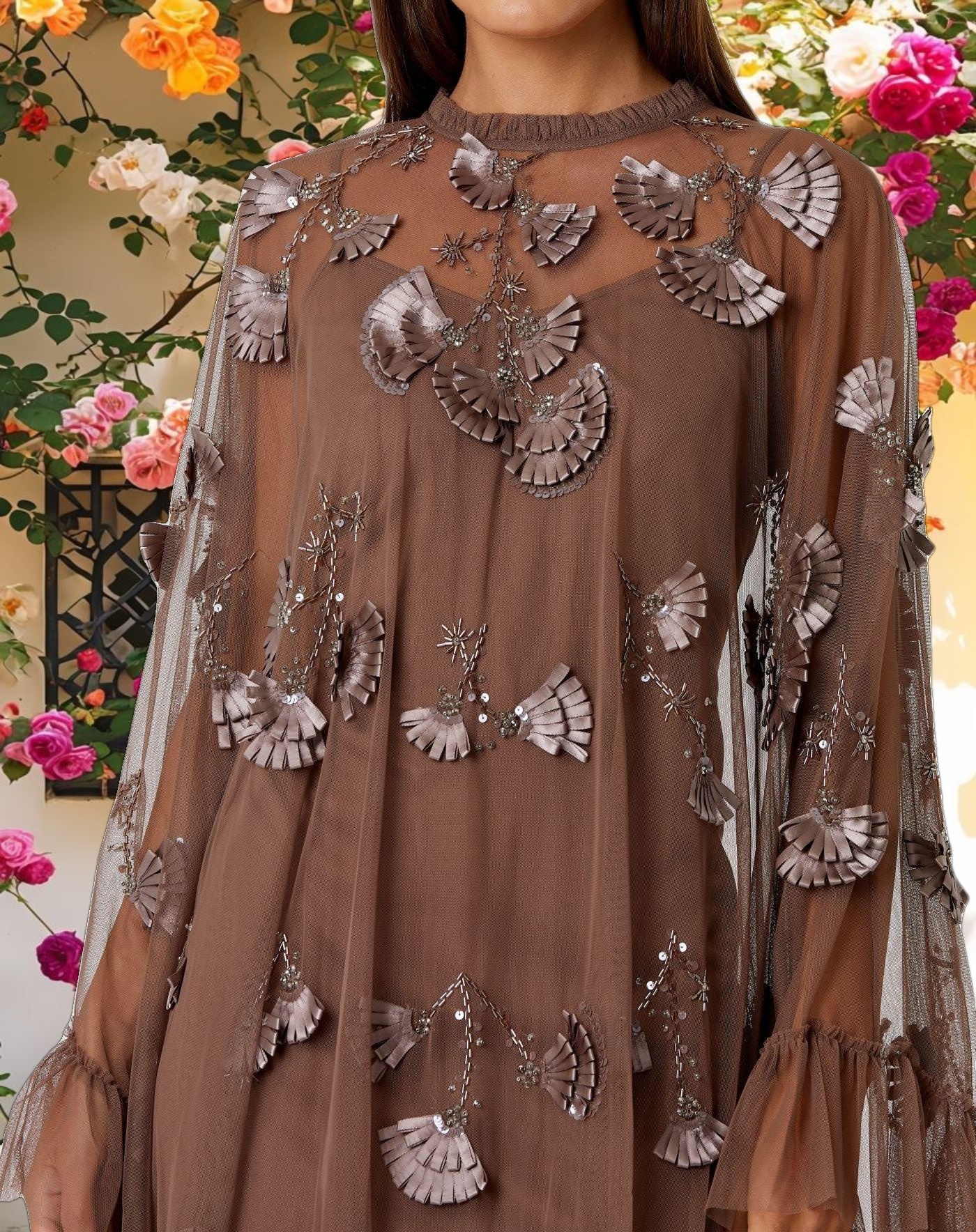 Brown Embellished Long Flare Sleeve Mesh A-Line Dress