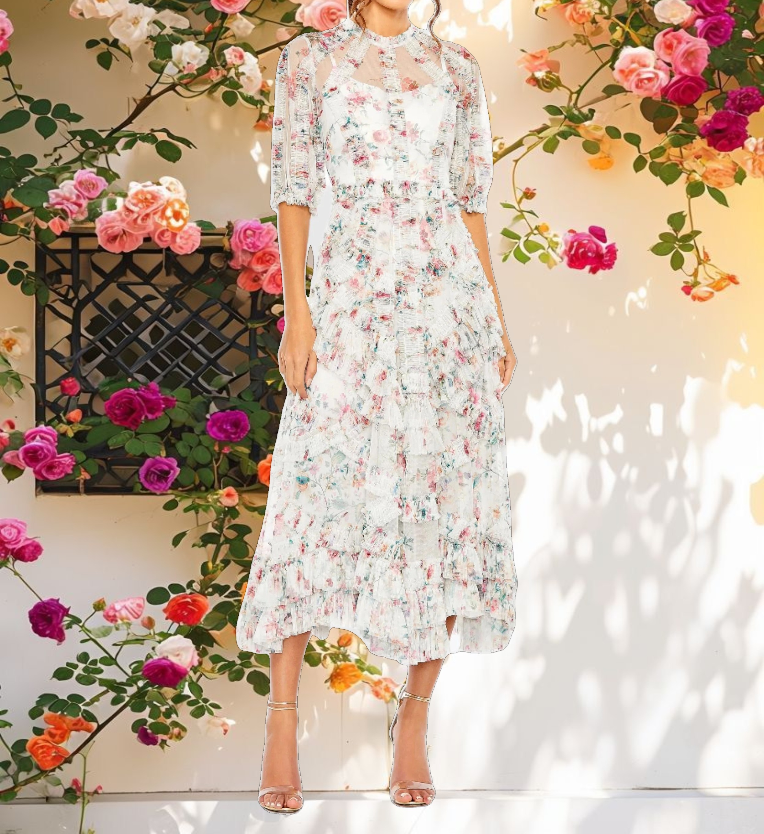 Multicolor Mesh Puff Sleeve Floral Print Dress