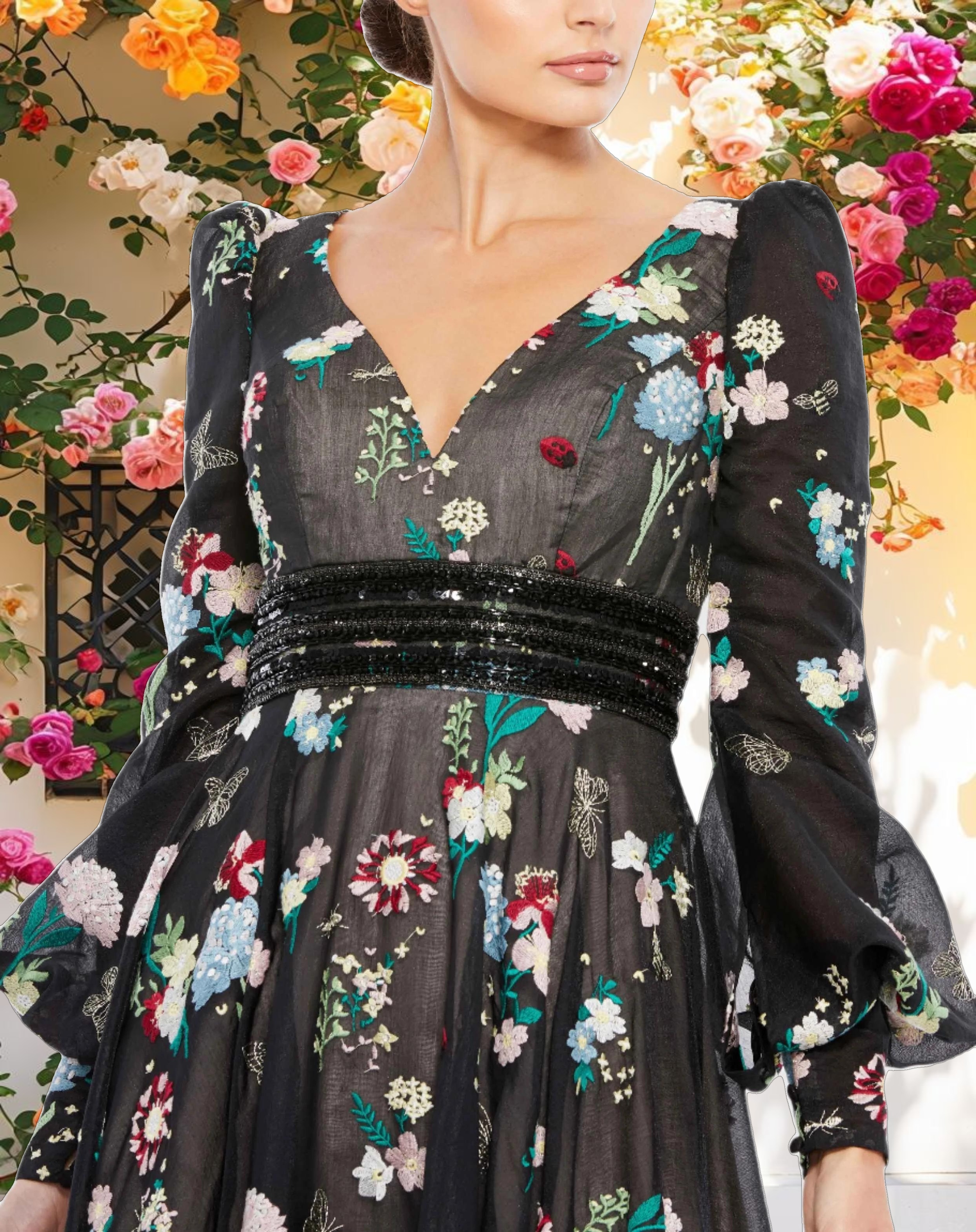 Floral Embroidered Bishop Sleeve V Neck Flowy Gown