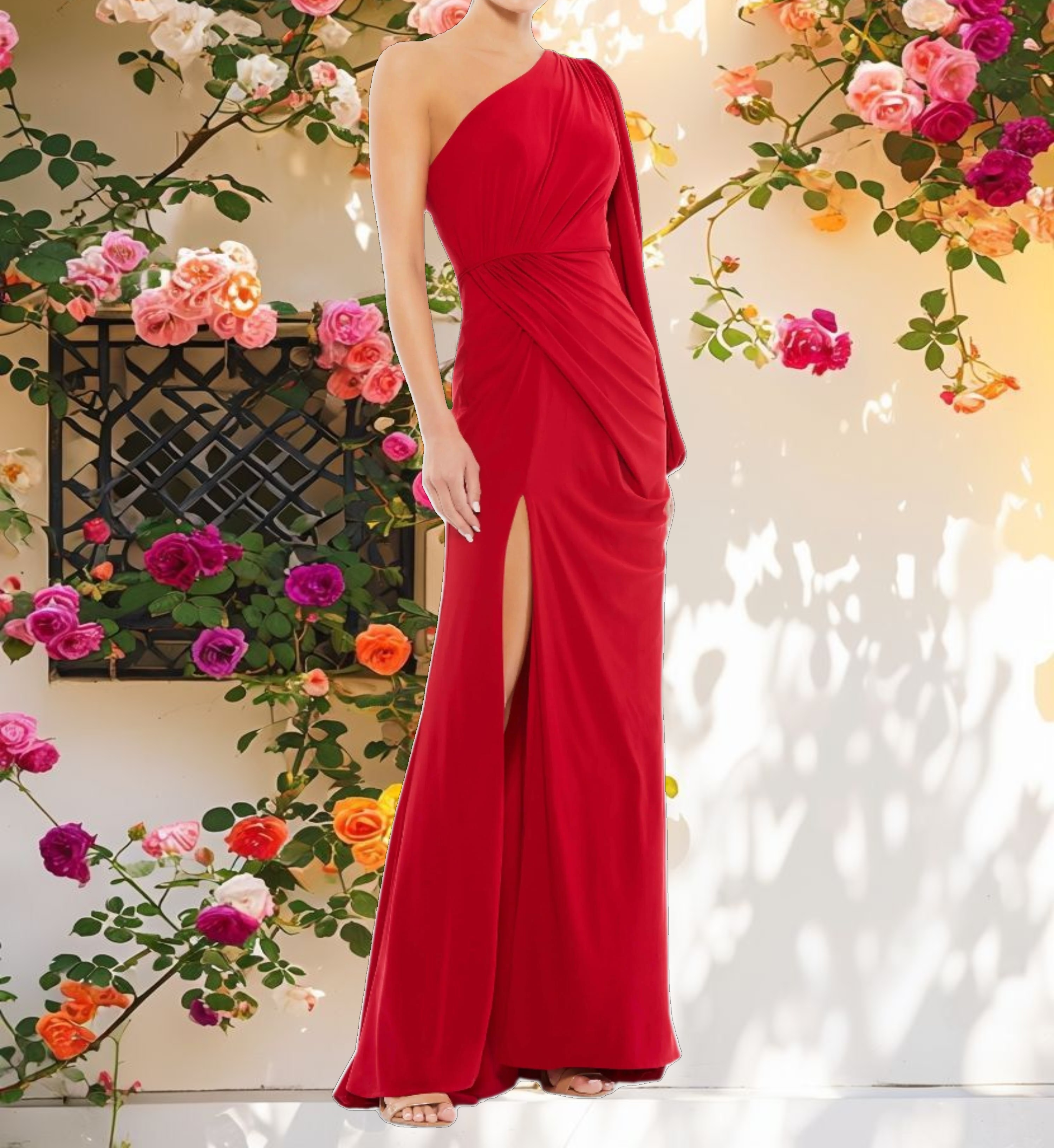 Red One Shoulder Puff Sleeve Faux Wrap Gown
