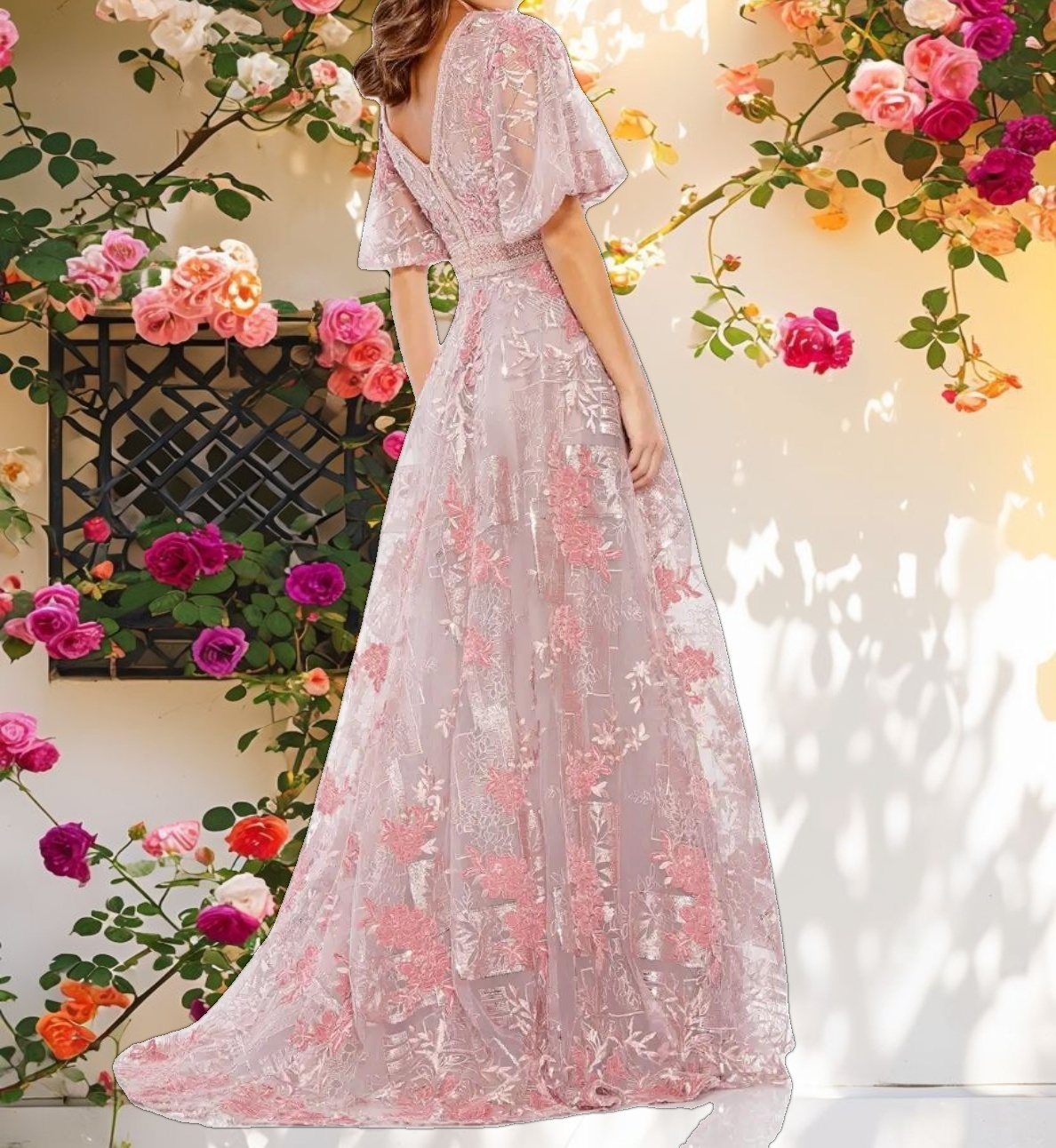 Floral Embroidered Flounce Sleeve Gown