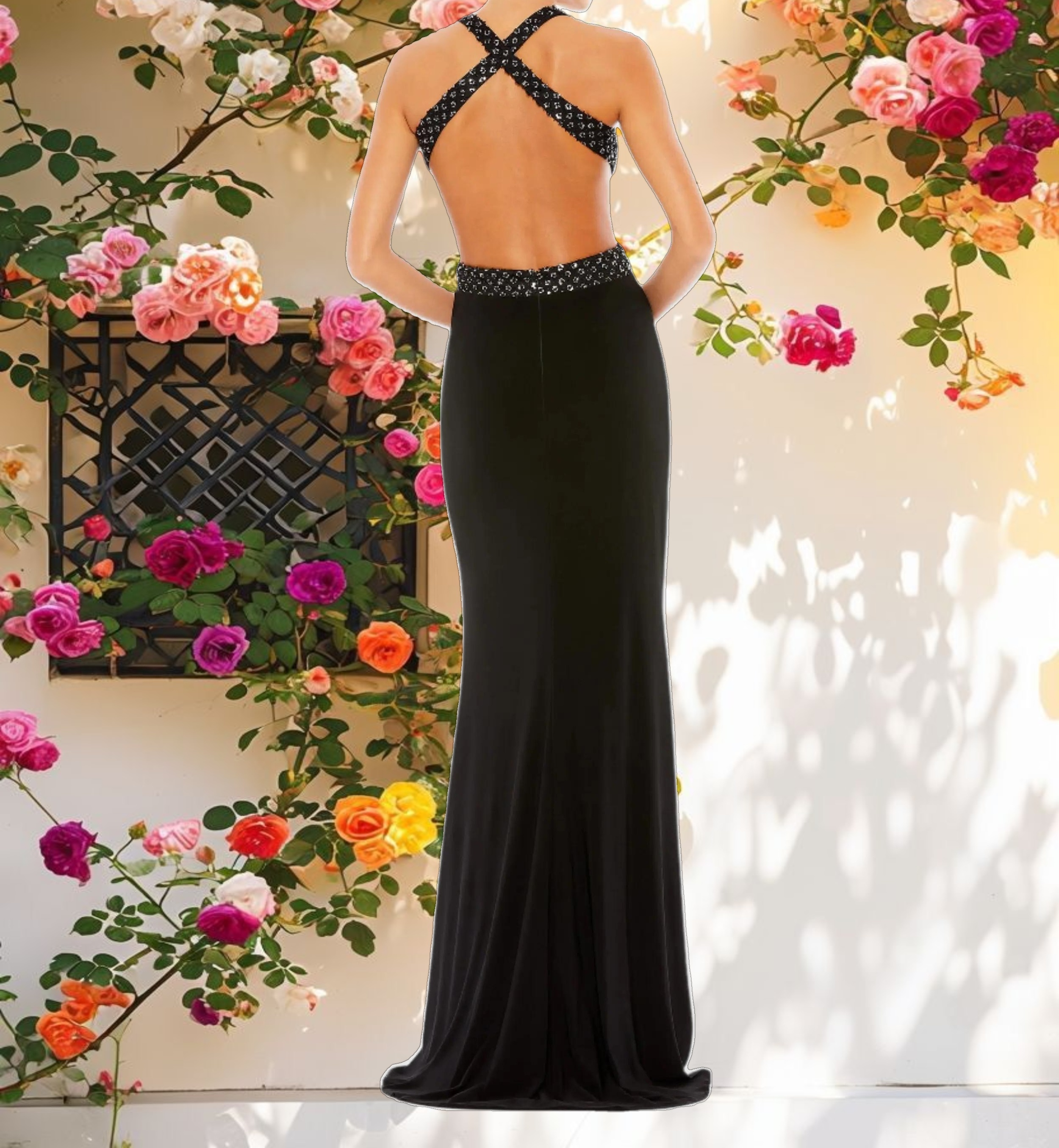 Floral Sequined Criss Cross Bodice Gown