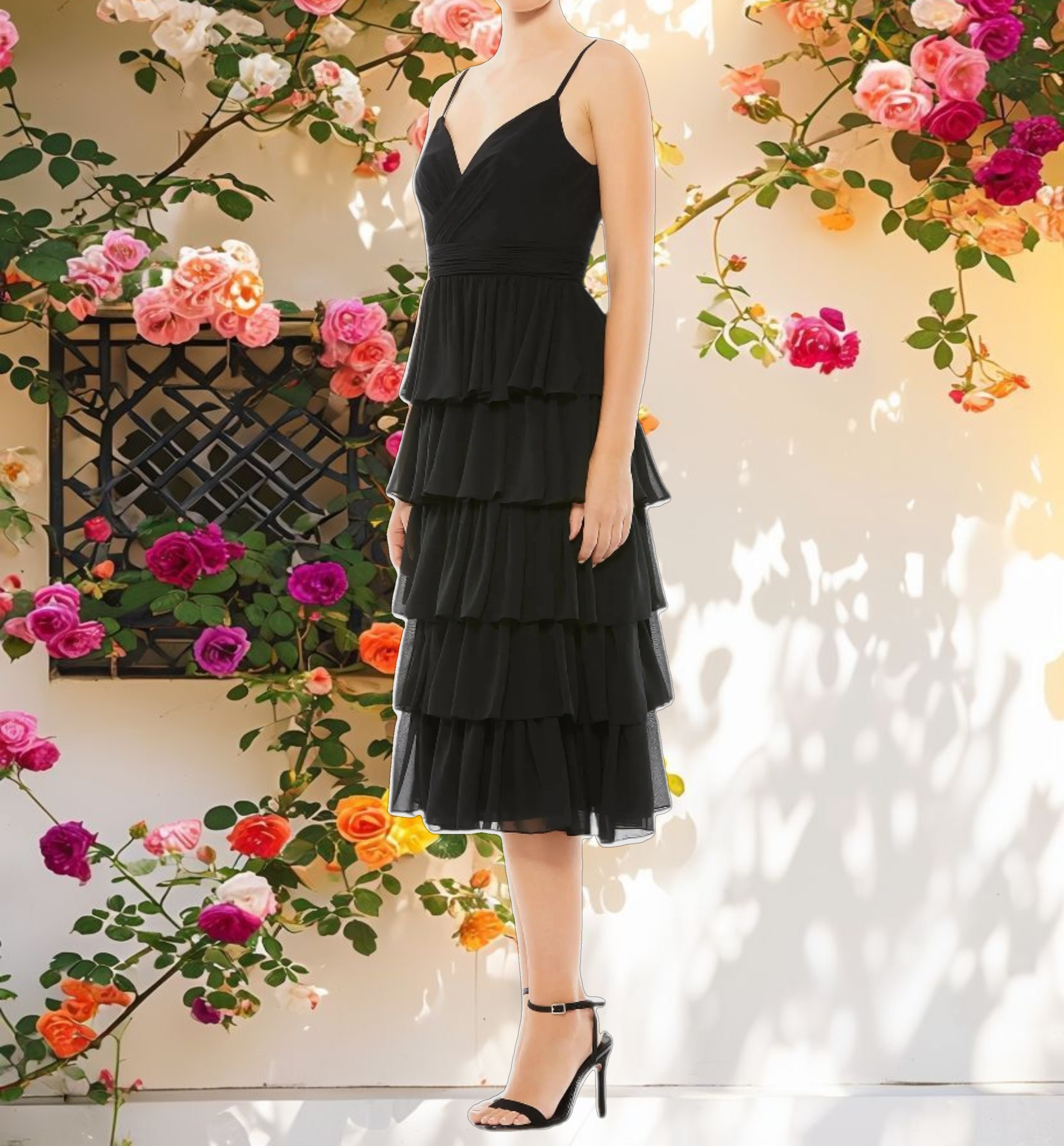 Black Ruffle Layered V Neck Midi Dress