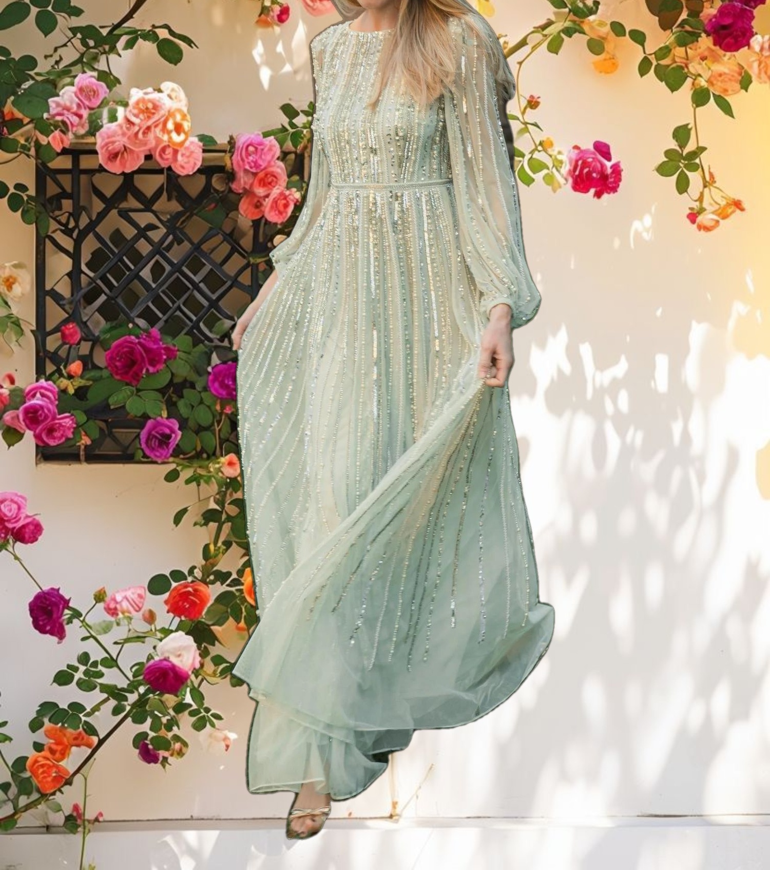 Striped Beaded Long Sleeve Gown