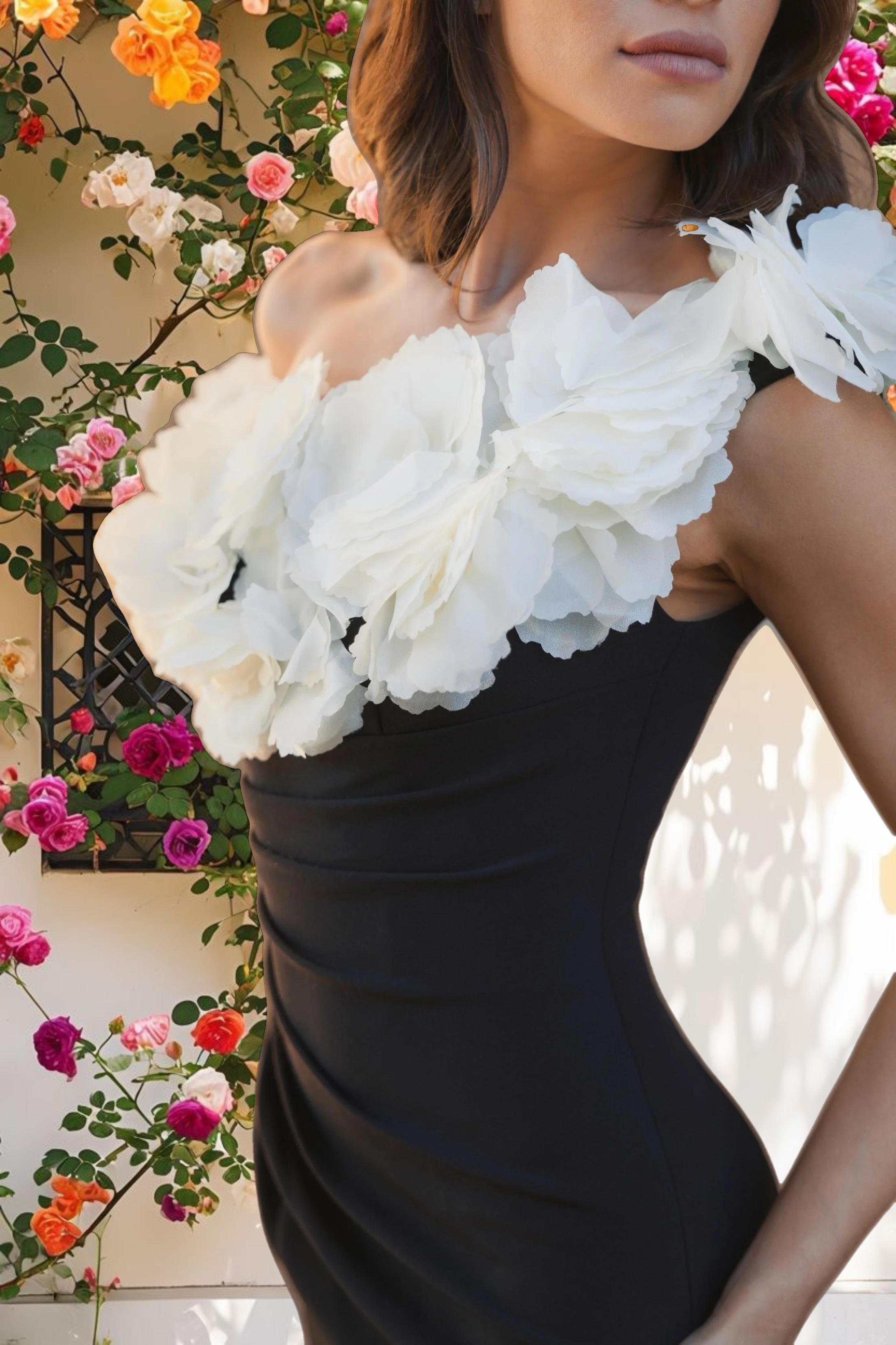 Black and White Jersey Gown With 3D Flower Off The Shoulder Detail