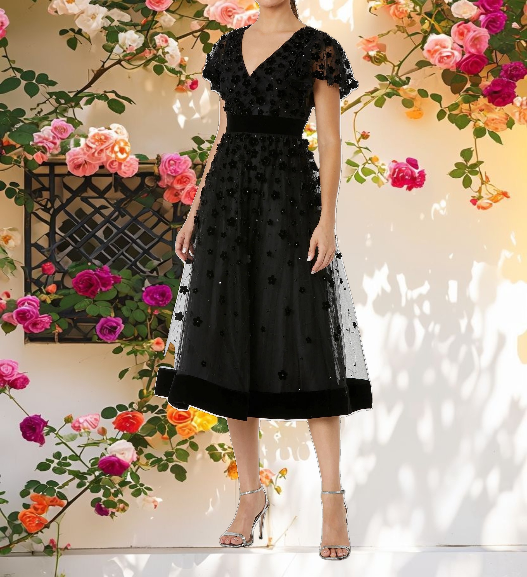 Black Embellished Butterfly Sleeve Velvet Hem Midi Dress