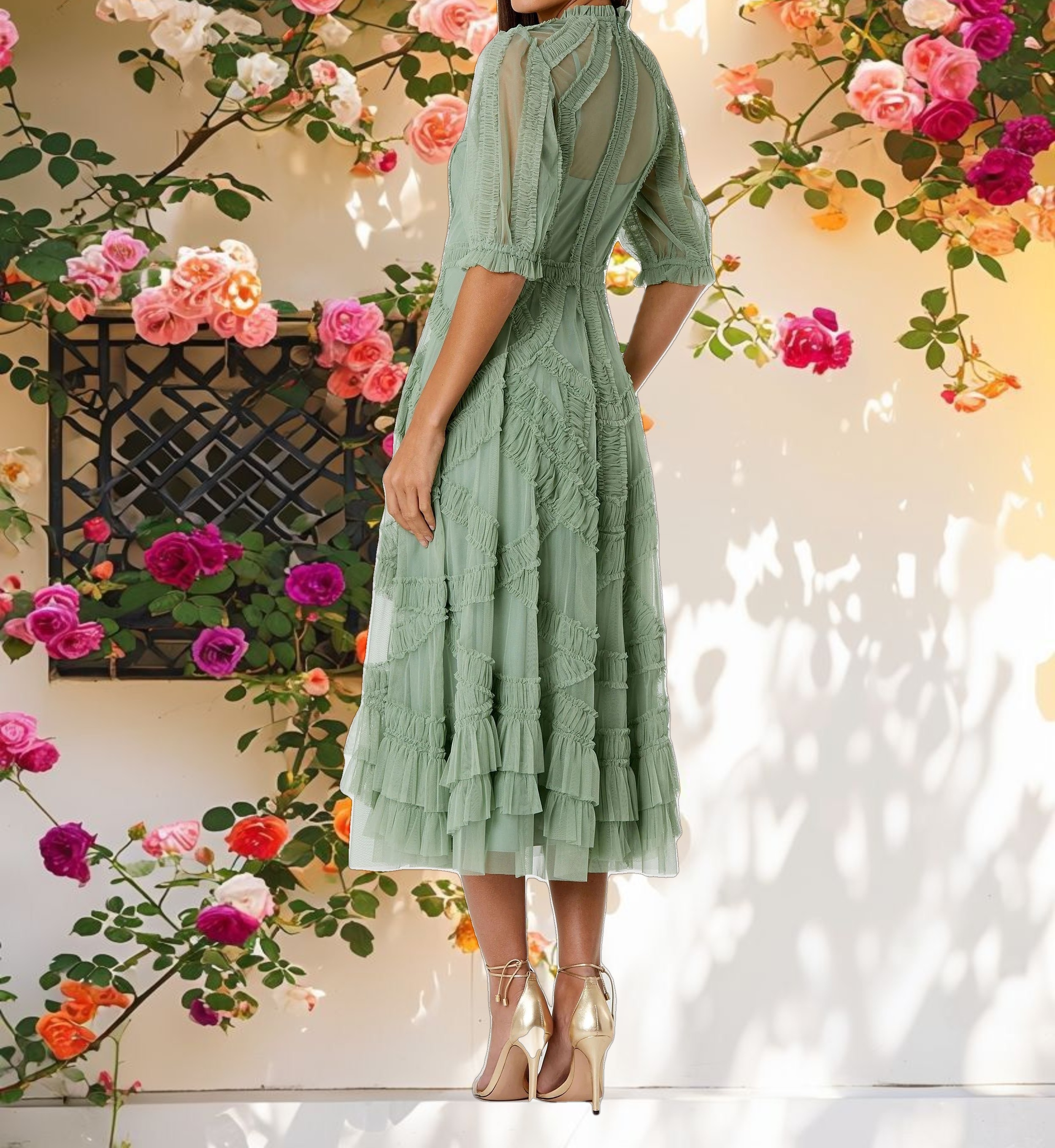 Green High Neck Micro Ruffle Tiered Midi Dress