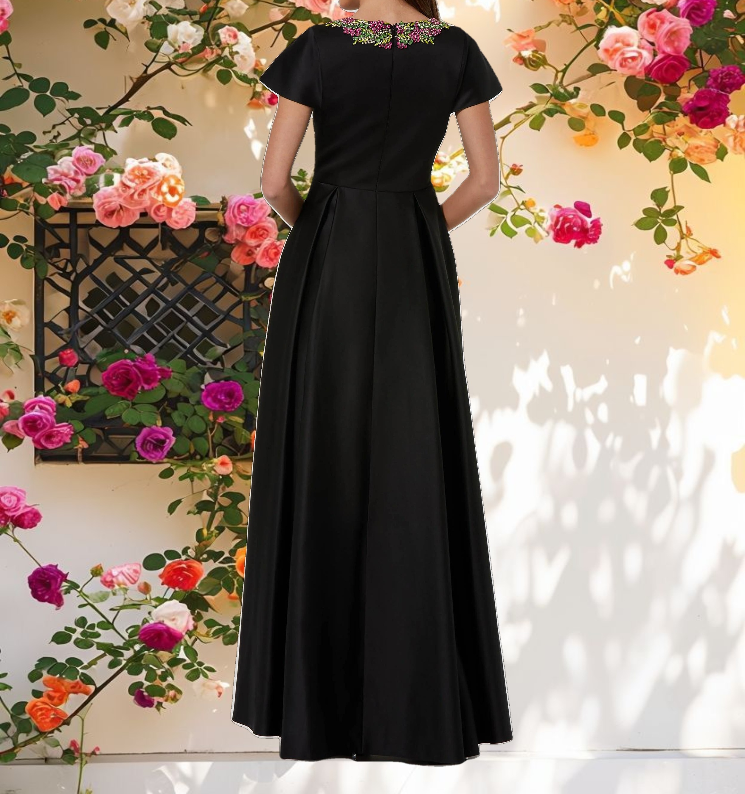 Black Satin Flutter Sleeve Gown