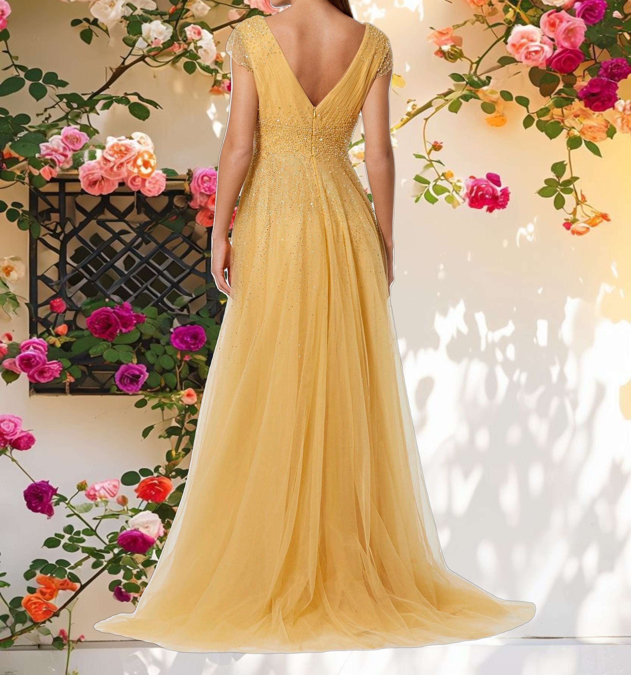 Yellow Embellished Tulle Cap Sleeve V Neck Formal Dress