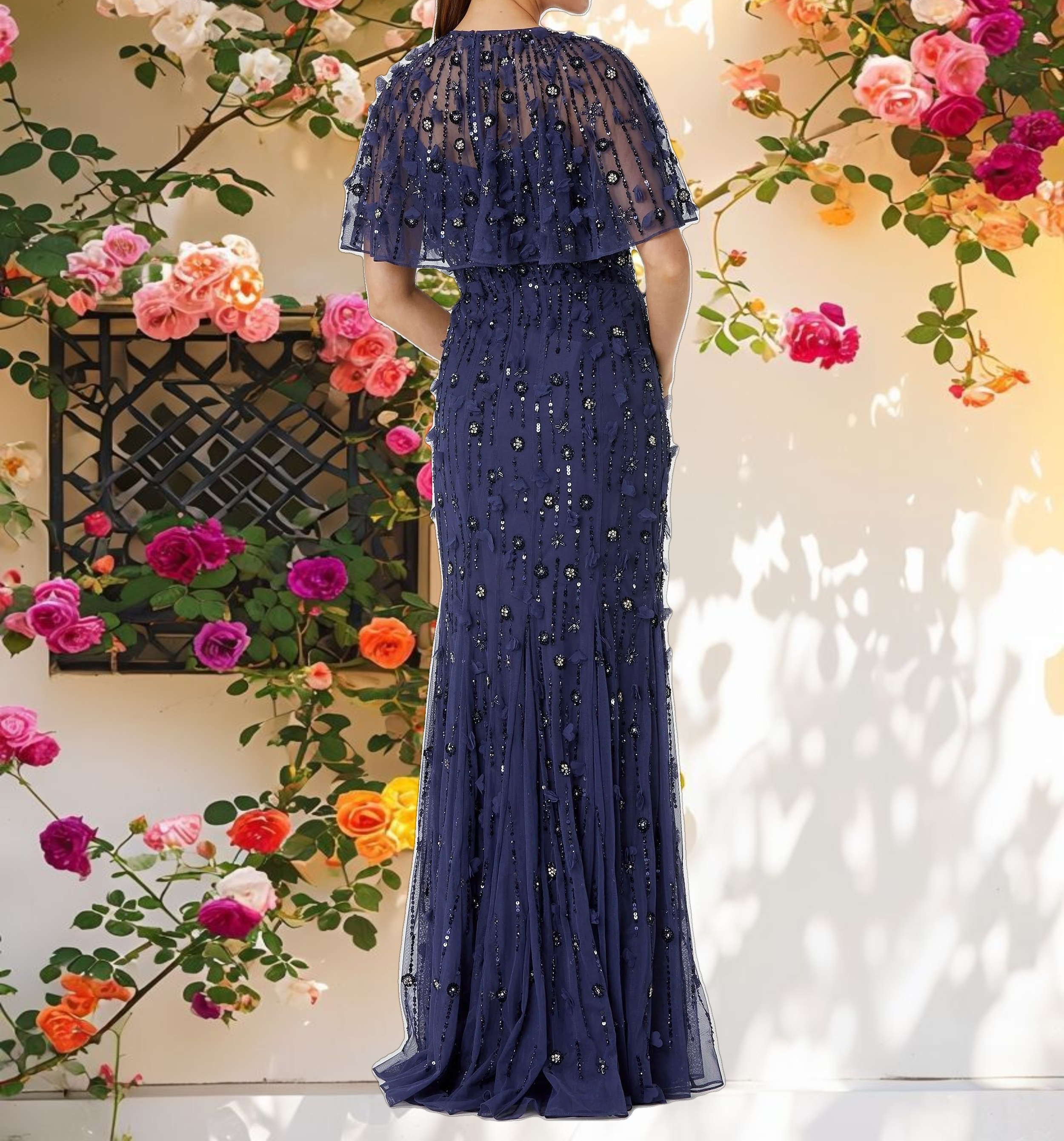 Embellished Illusion Cape Sleeve Trumpet Gown