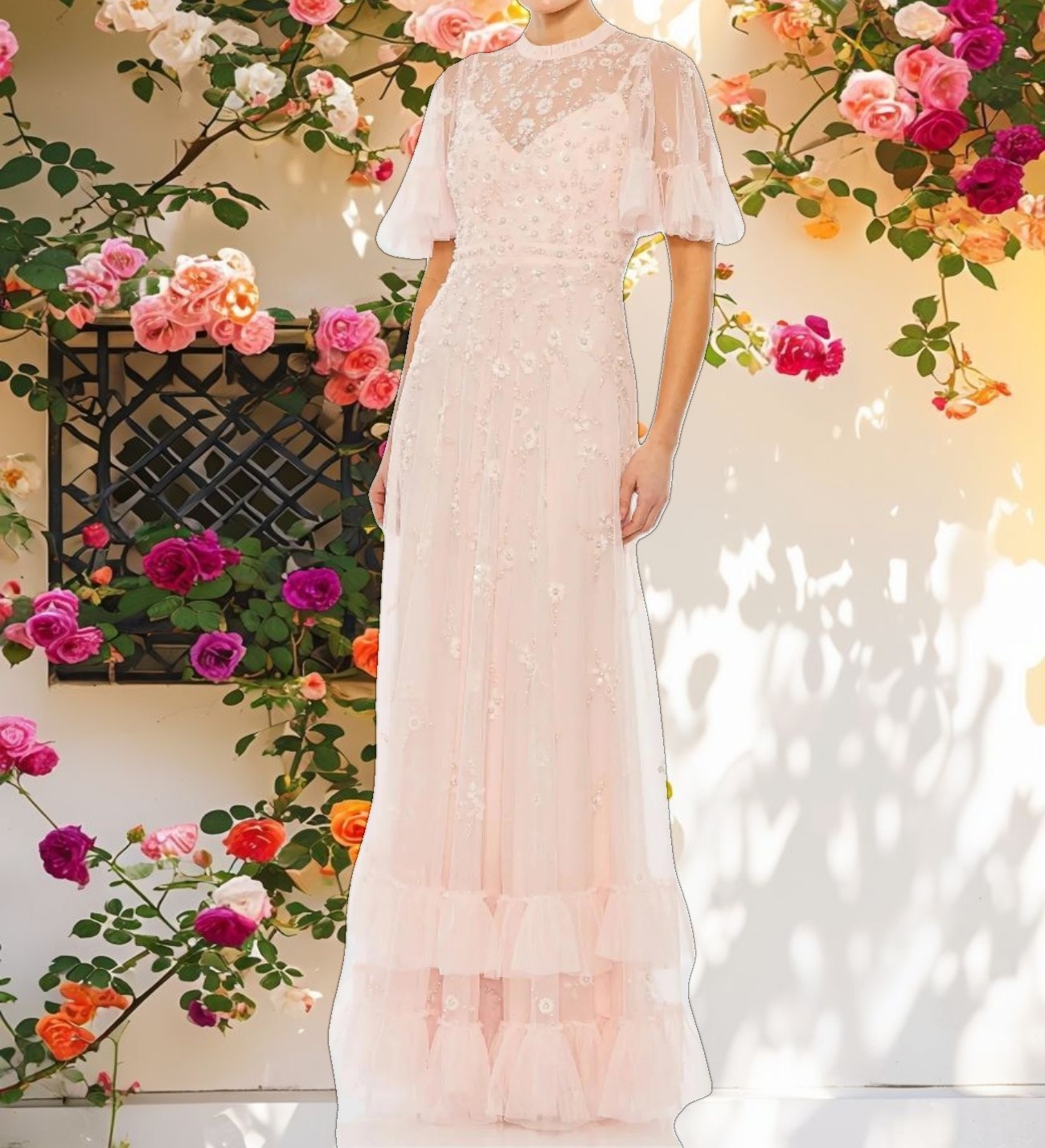 Light Pink Ruffled Floral Embellished Flutter Sleeve A Line Dress