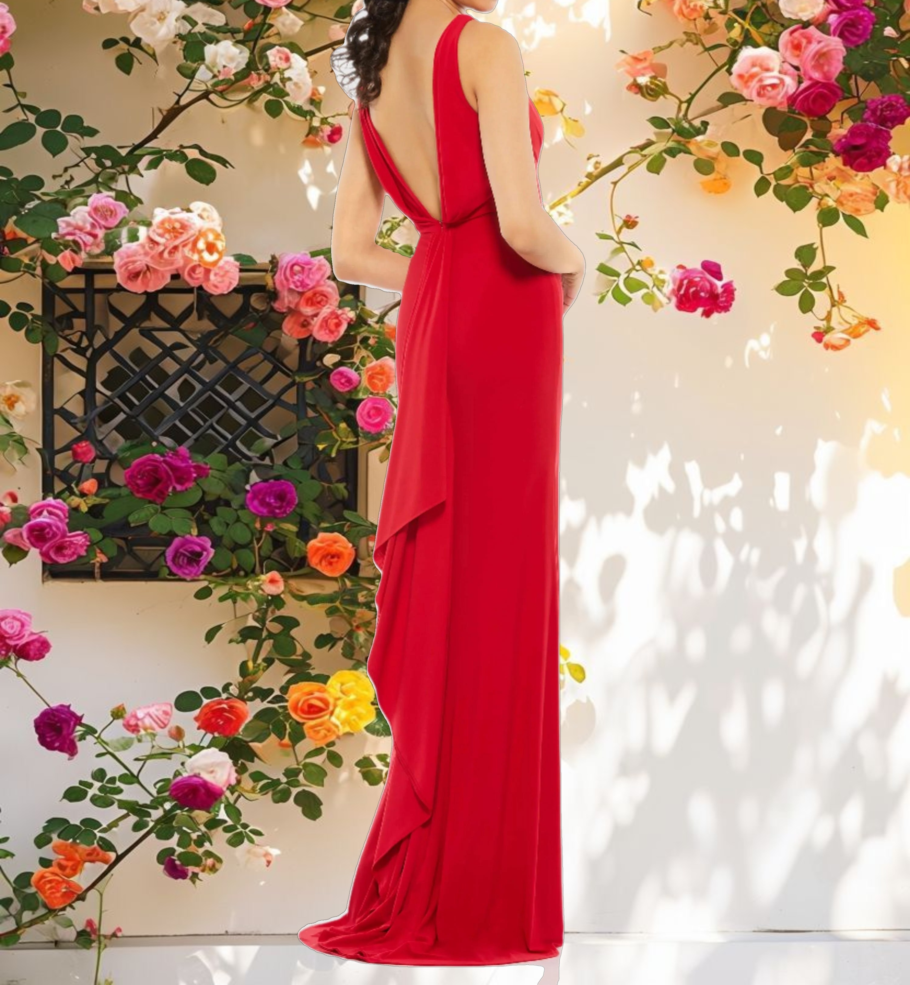 Red Sleeveless V Neck Jersey Gown