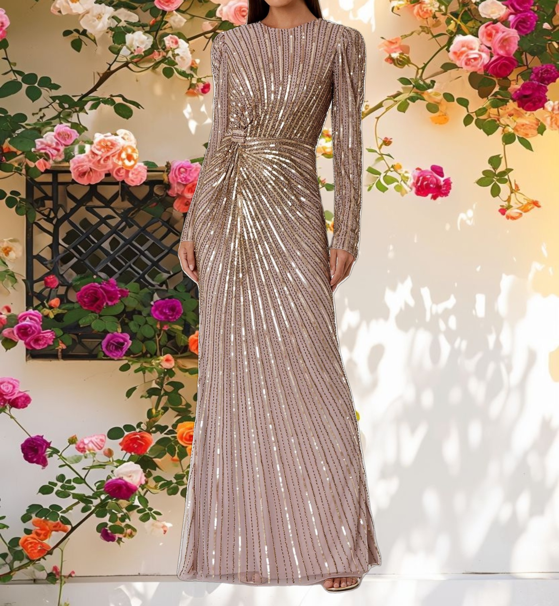 Brown Embellished Puff Sleeve Side Knot Gown