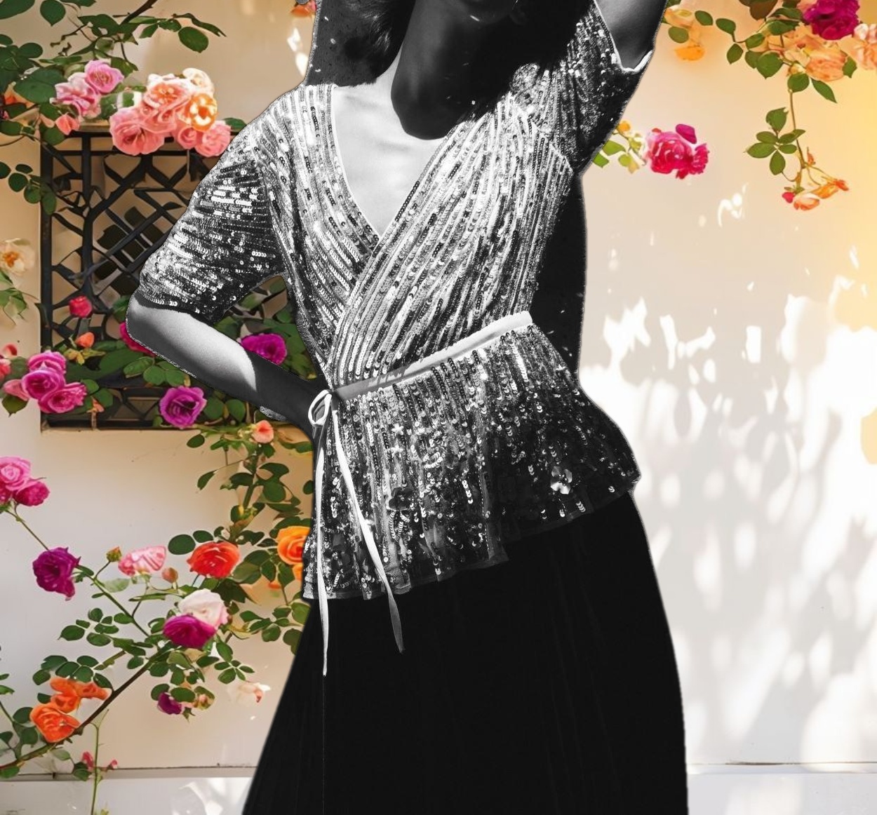 Black Sequined Puff Sleeve Faux Wrap Top