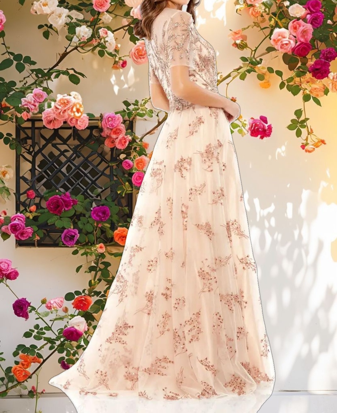 Pink Embellished Illusion Short Sleeve A Line Gown