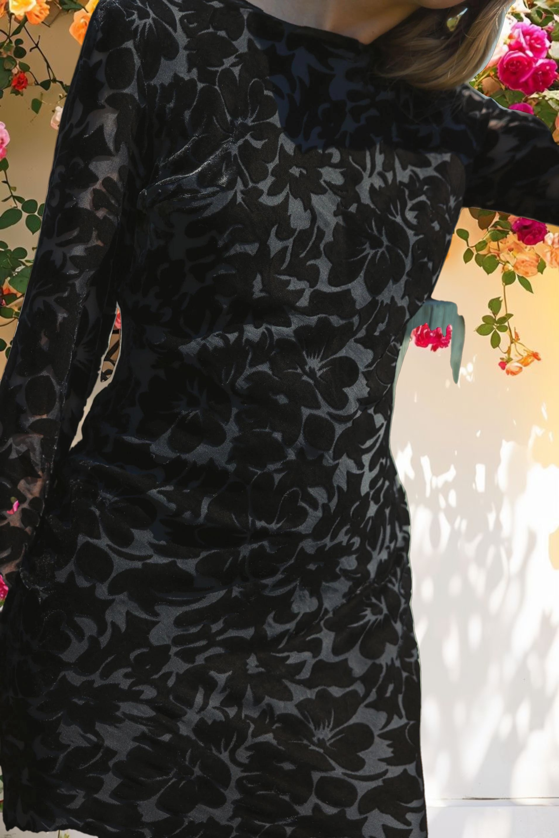 Dark Velvet Long Sleeve Ruffle Hem Midi Dress