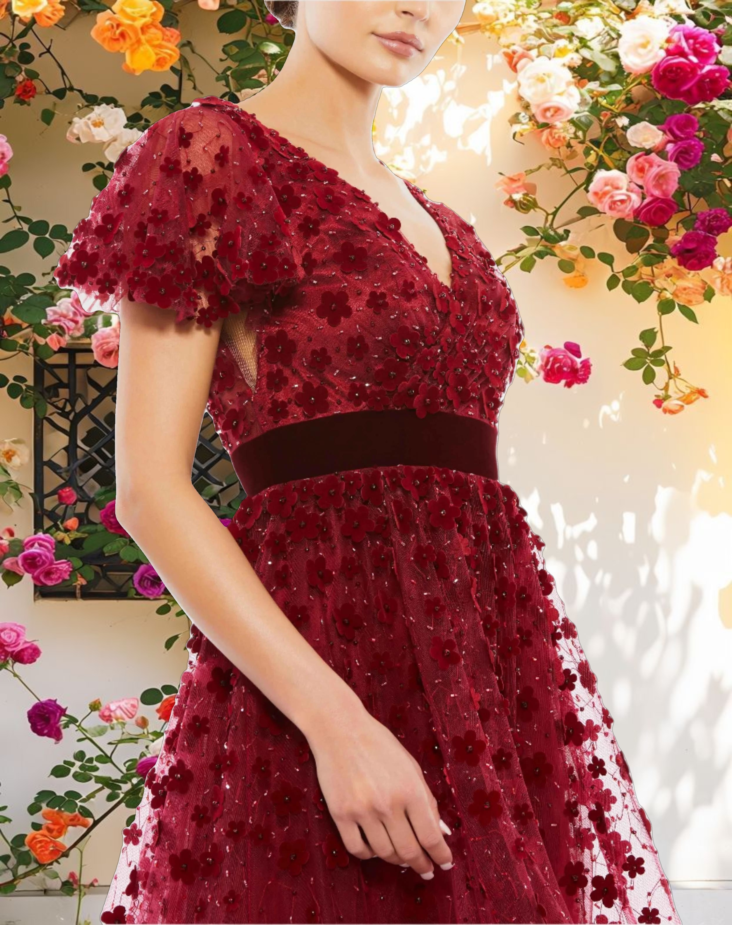 Red Embellished Butterfly Sleeve Velvet Hem Midi Dress