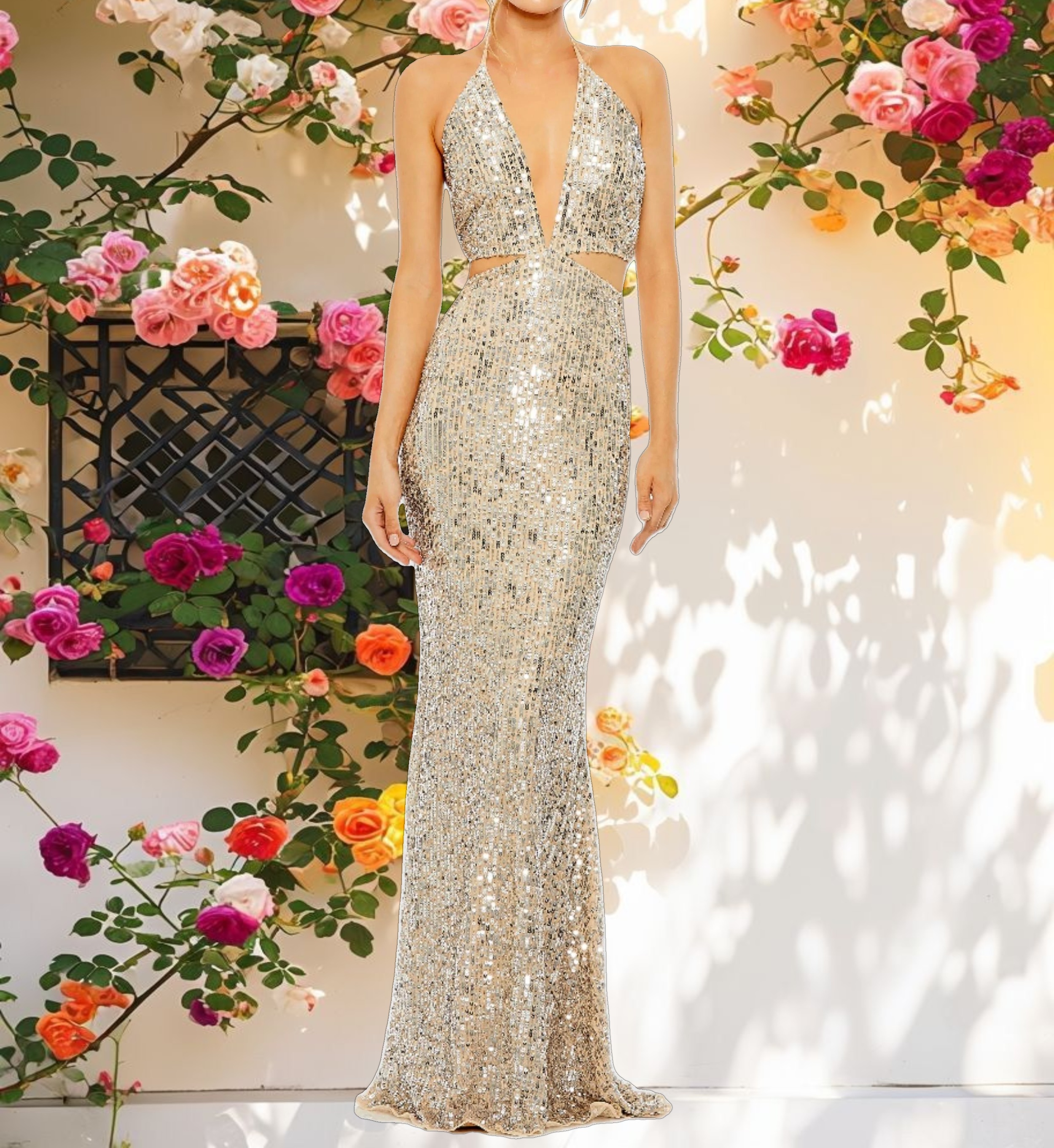 Cut Out Halter Tie Back Sequin Gown