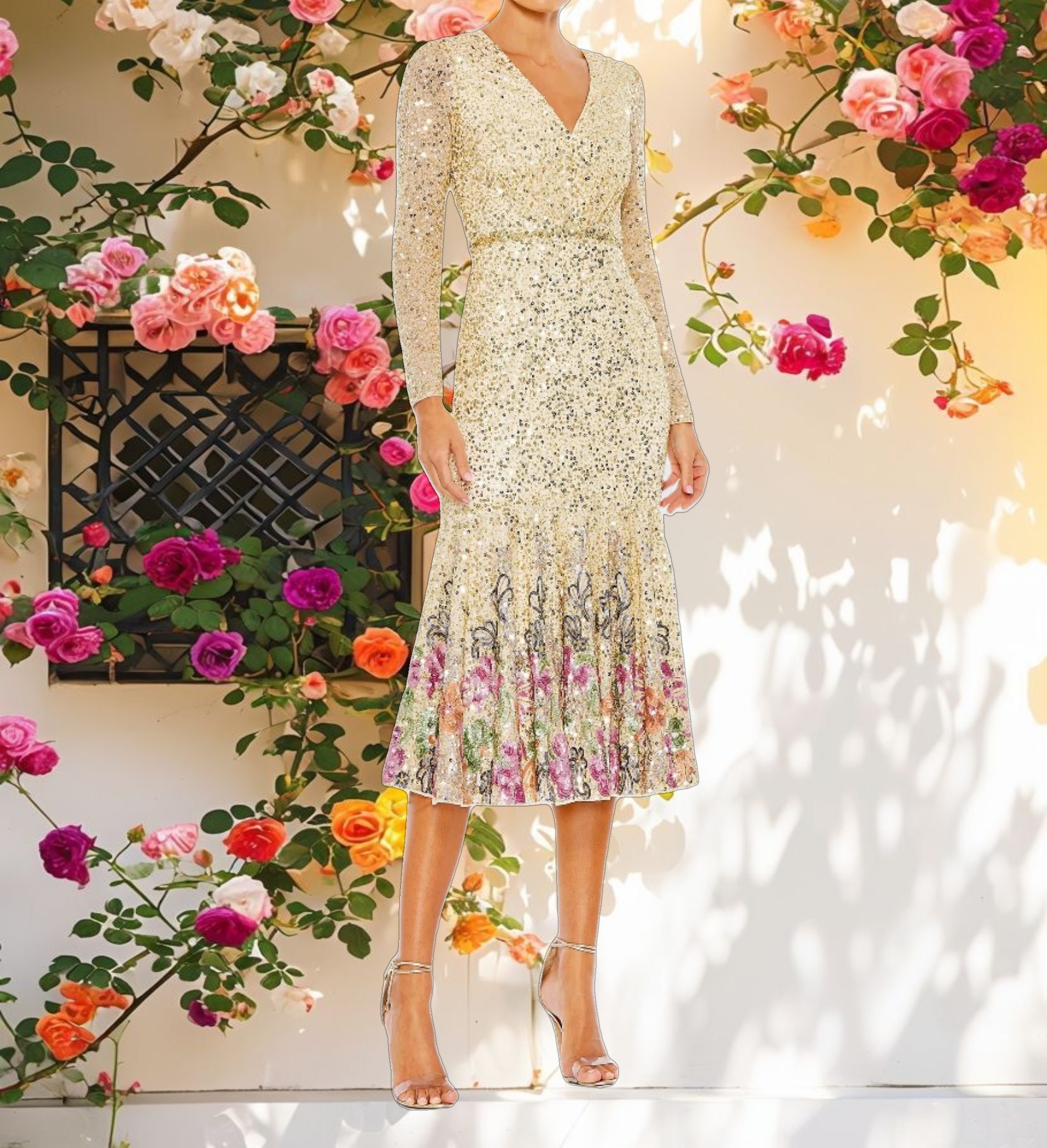 Long Sleeve Faux Wrap Embellished Tea Length Dress