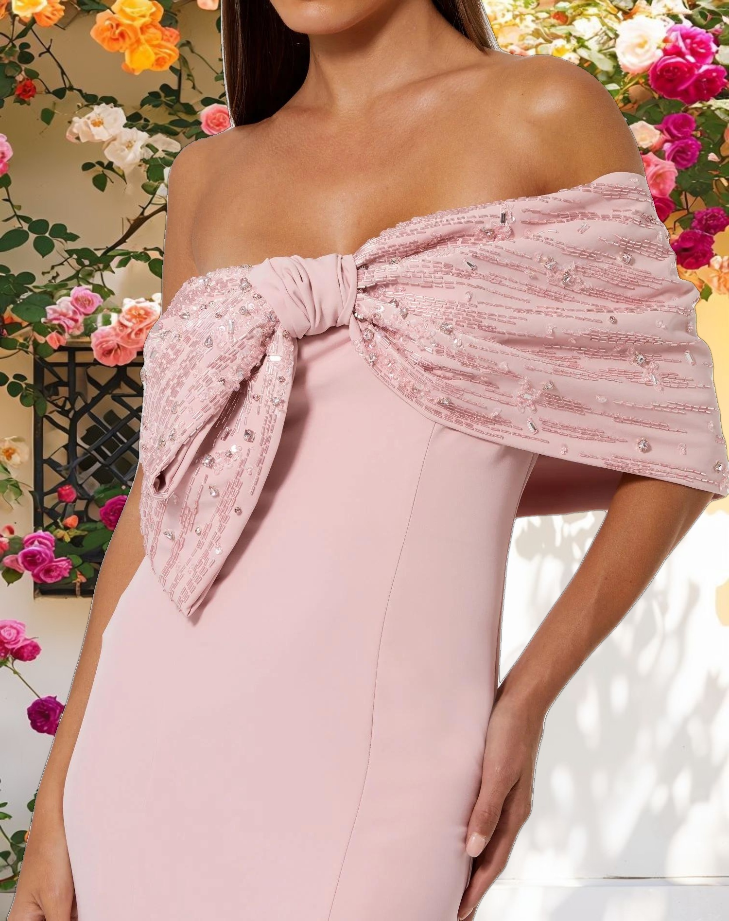 Pink Beaded Off The Shoulder Bow Satin Mermaid Gown