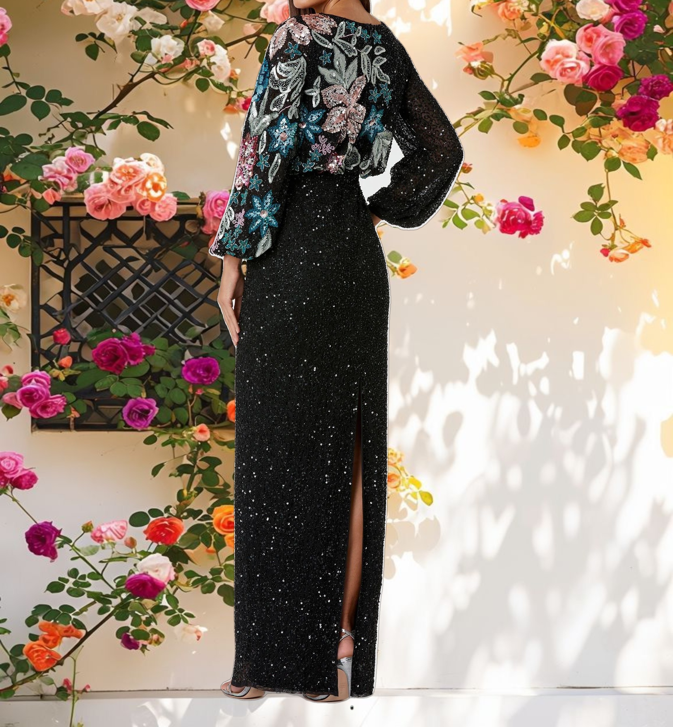 Black Embellished Floral High Neck Gown