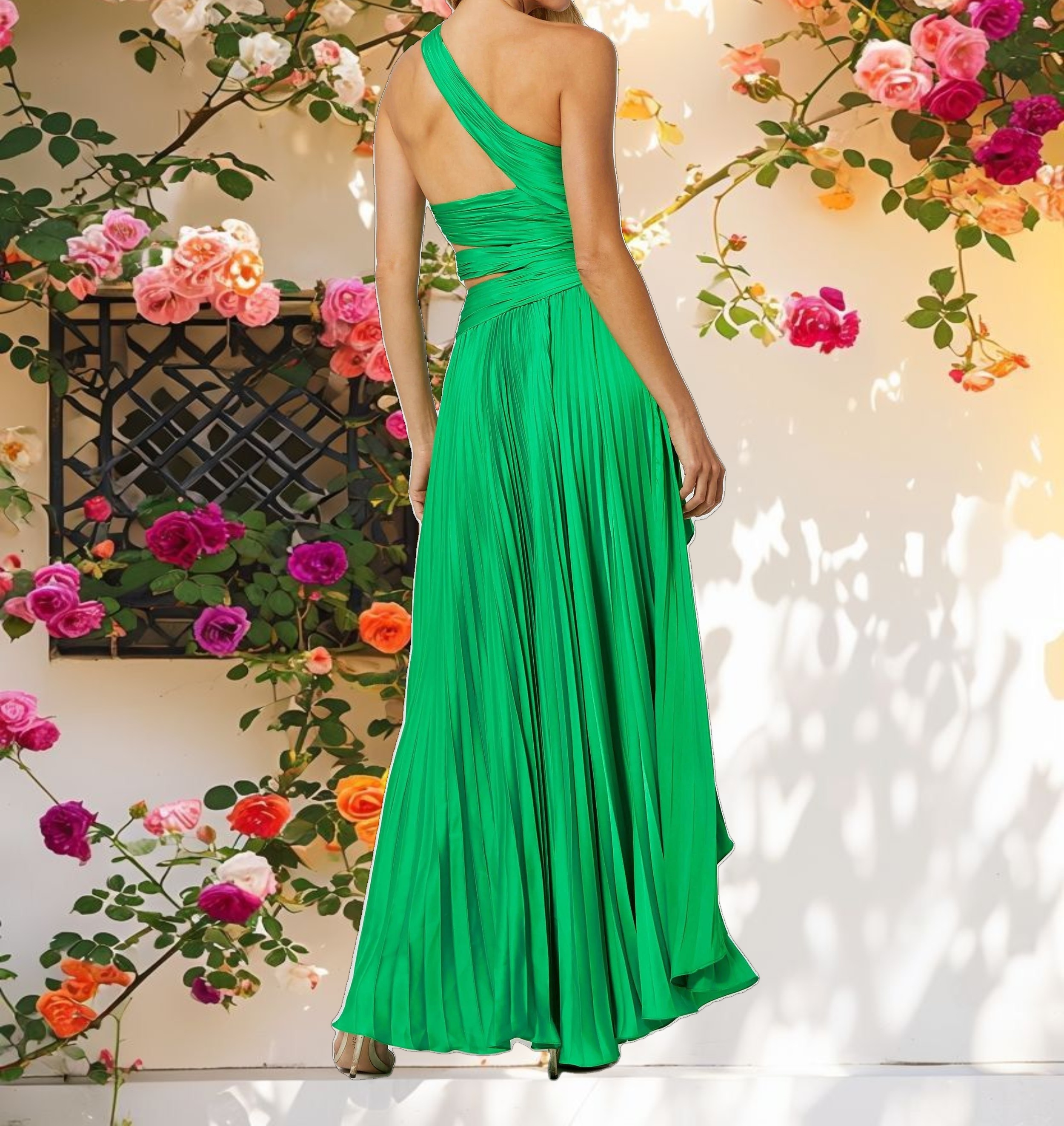 Green One Shoulder Pleated Charmeuse Gown with Slit