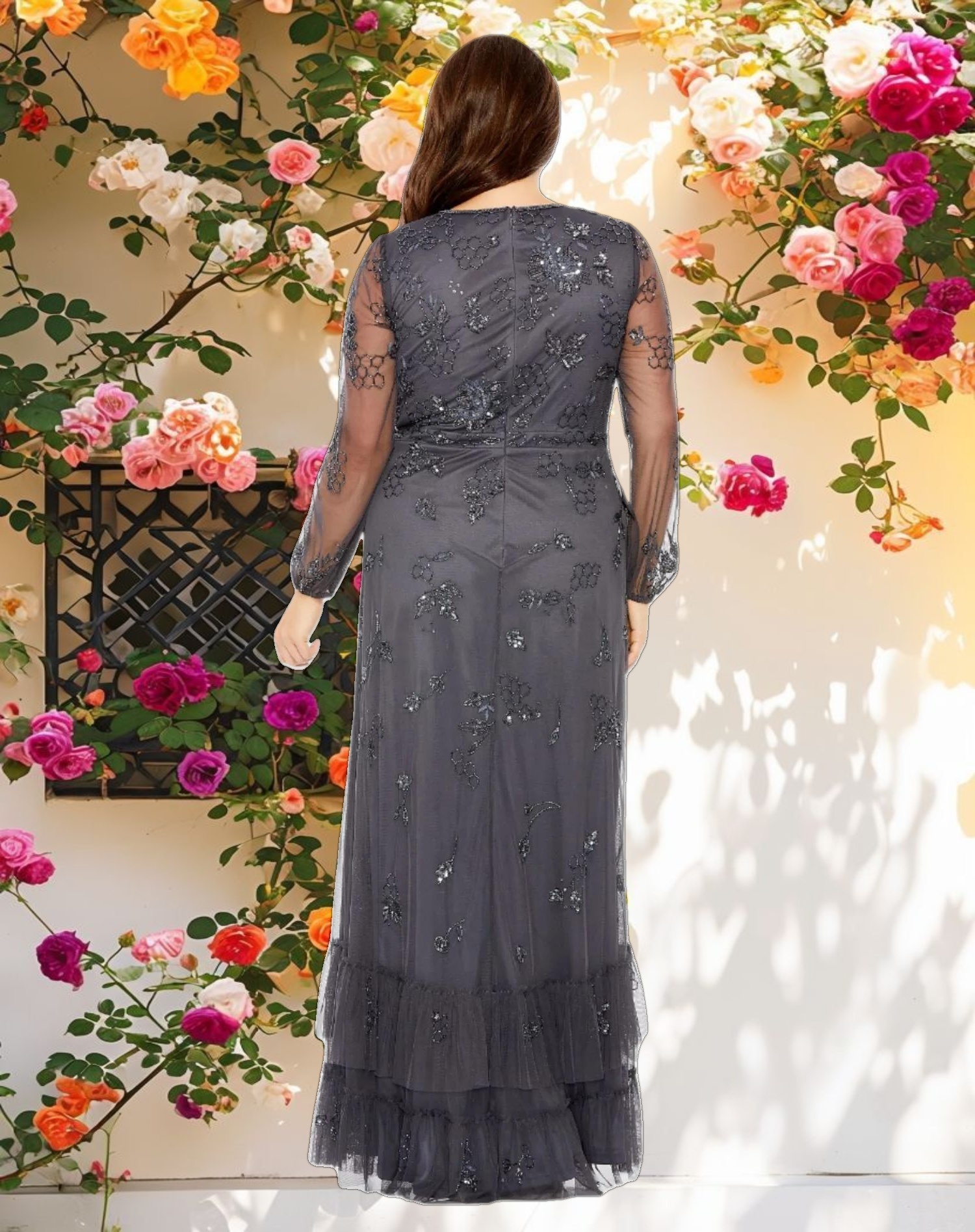 Gray Puff Sleeve V Neck Tiered Embellished Gown