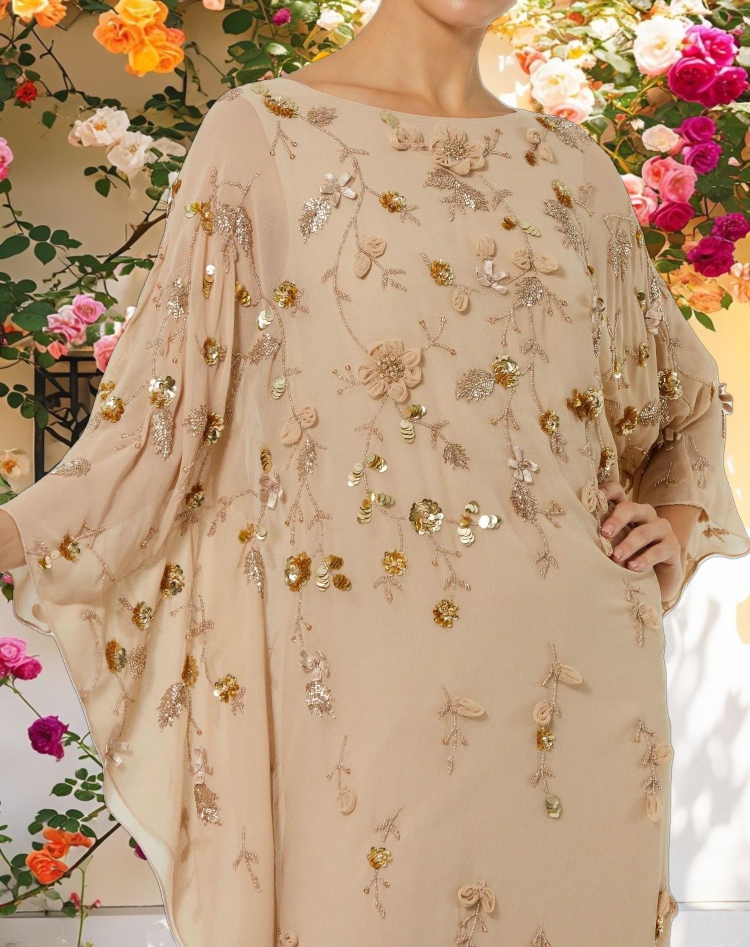 Beige Floral Embellished Trapeze Dress