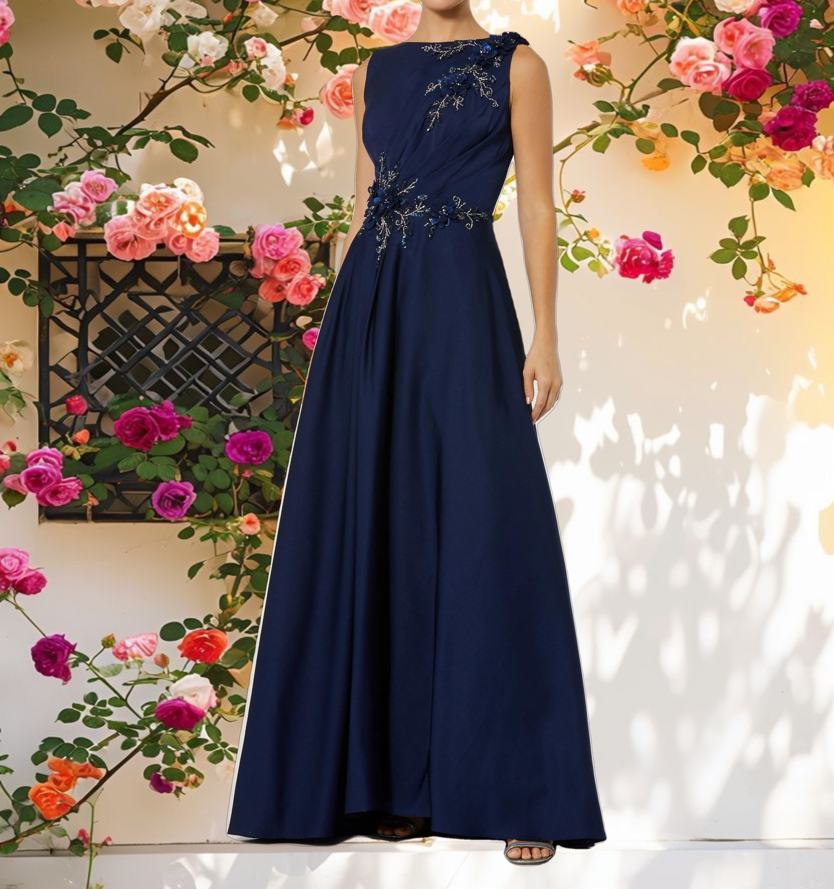 Blue Flowered Applique Open Back Dress