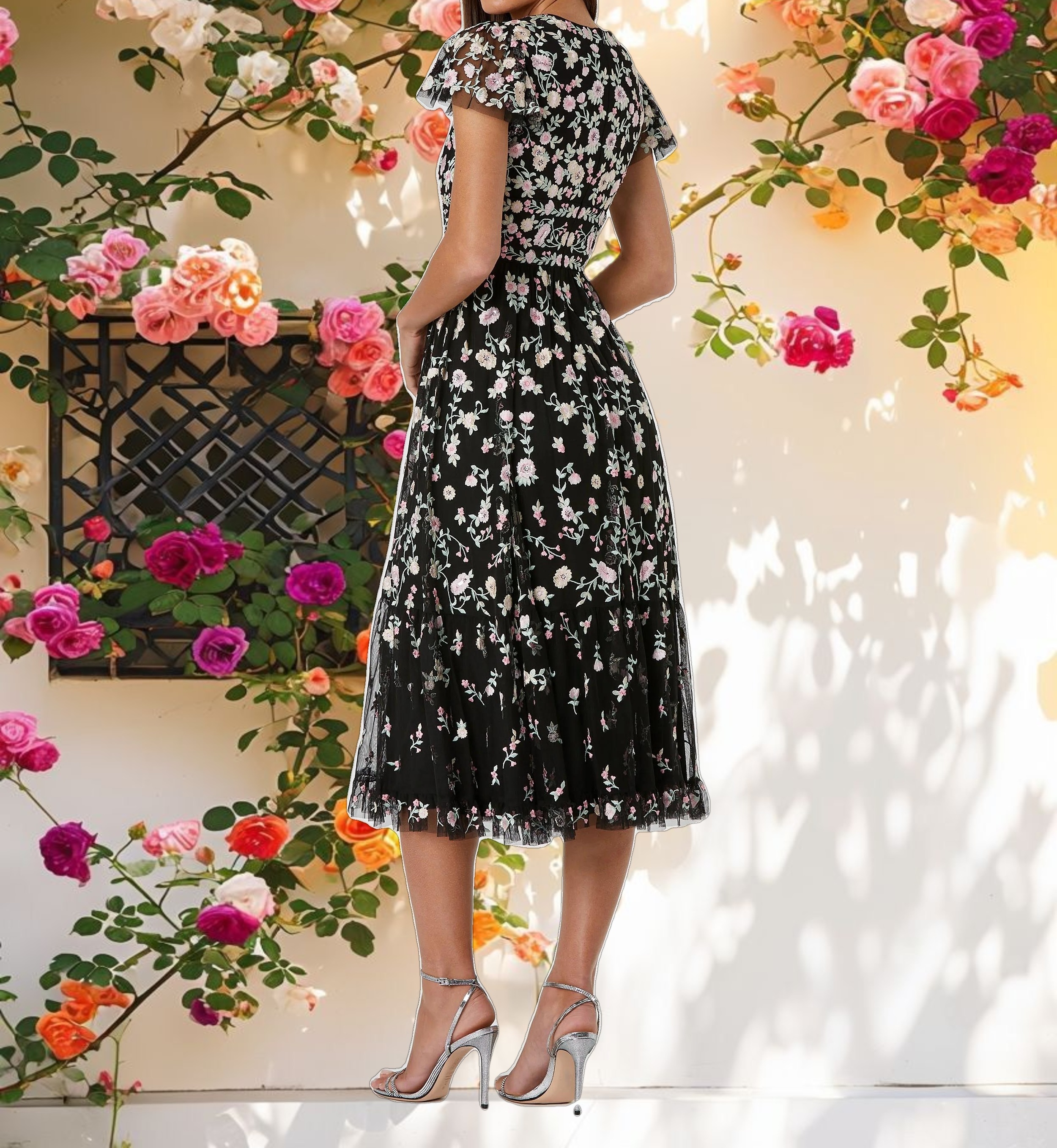 Black Multicolor Embroidered V Neck Cap Sleeve Midi Dress