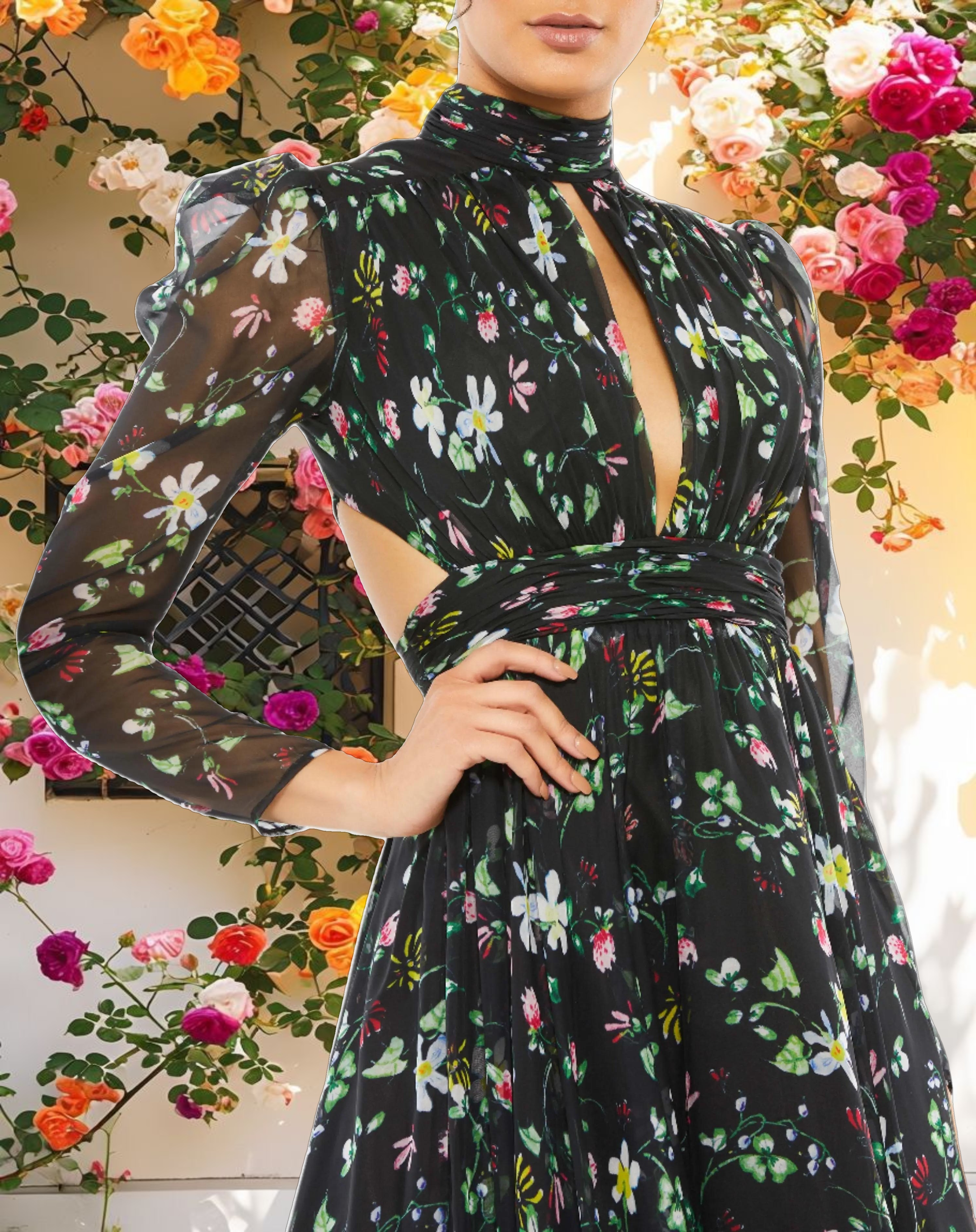 Floral Print High Neck Puff Sleeve Dress