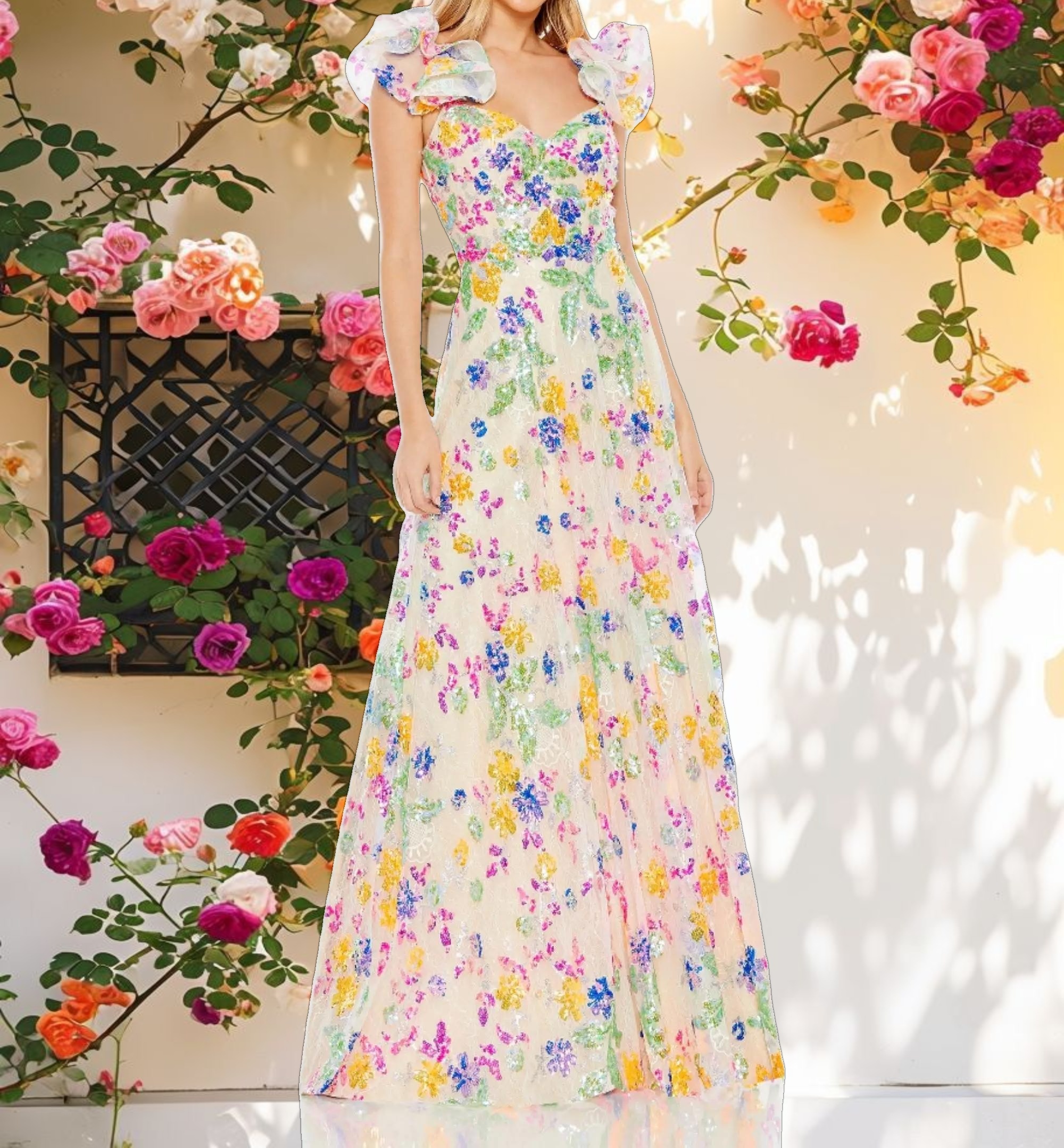 Floral Sequin Embellished Ruffle Sleeve Gown