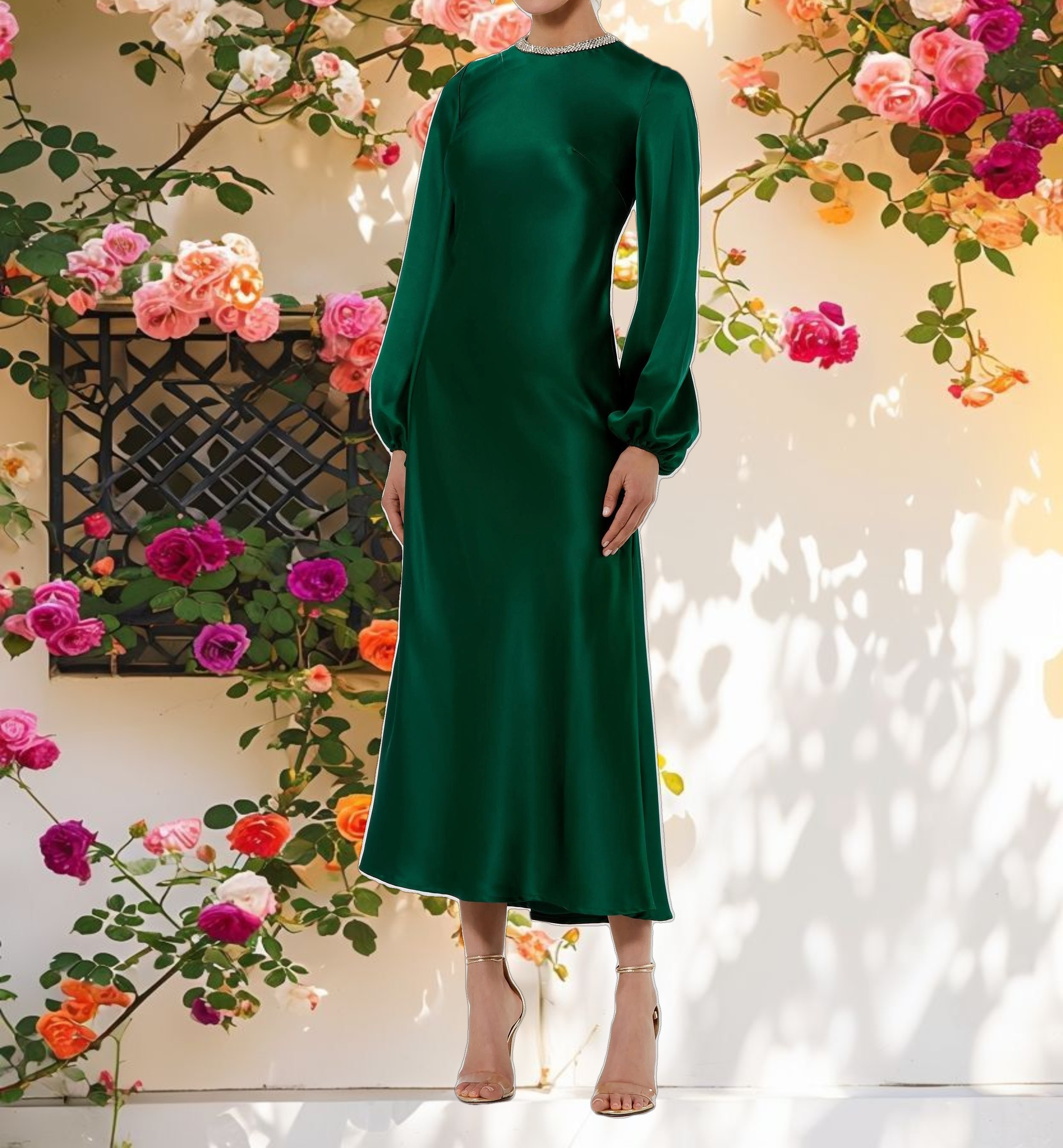 High Neck Long Sleeve Crystal Detail Dress