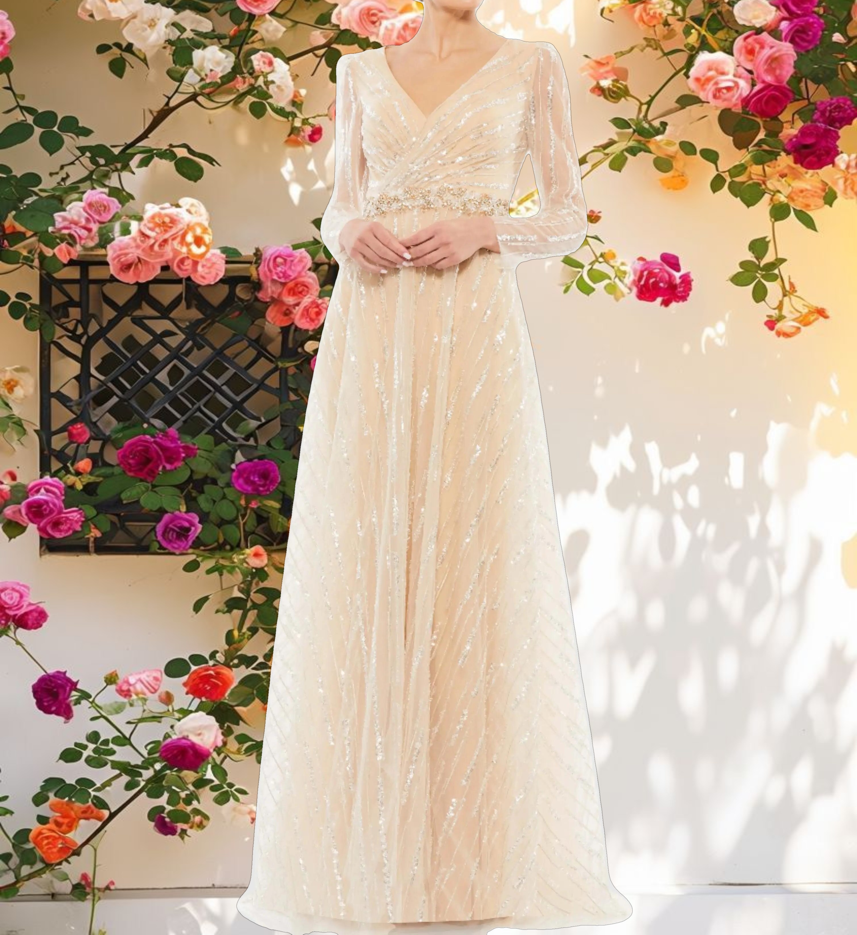 Beige Long Sleeve Gown with Silver Sequin