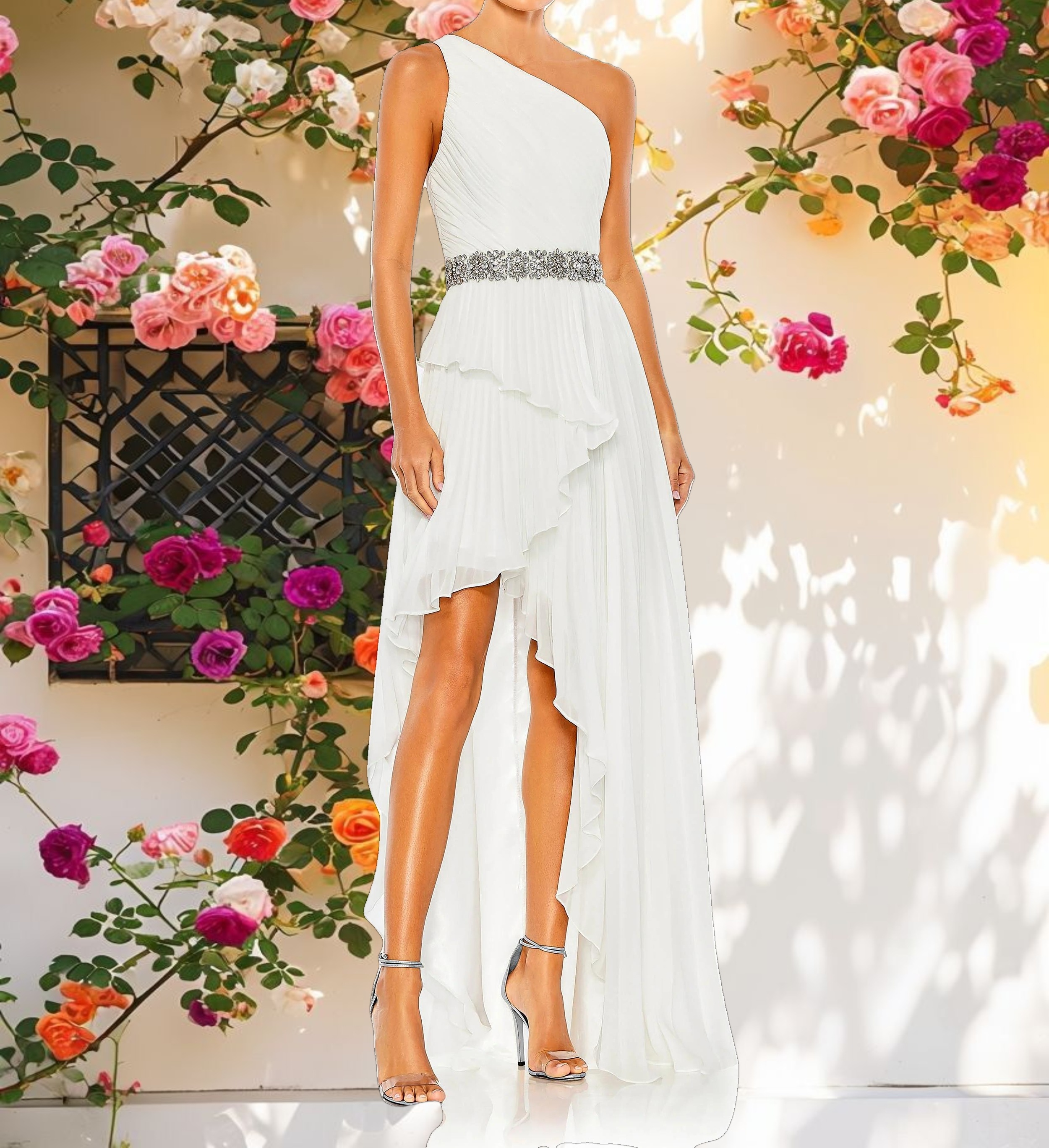 White Pleated One Shoulder Asymmetrical Ruffle Hem Gown