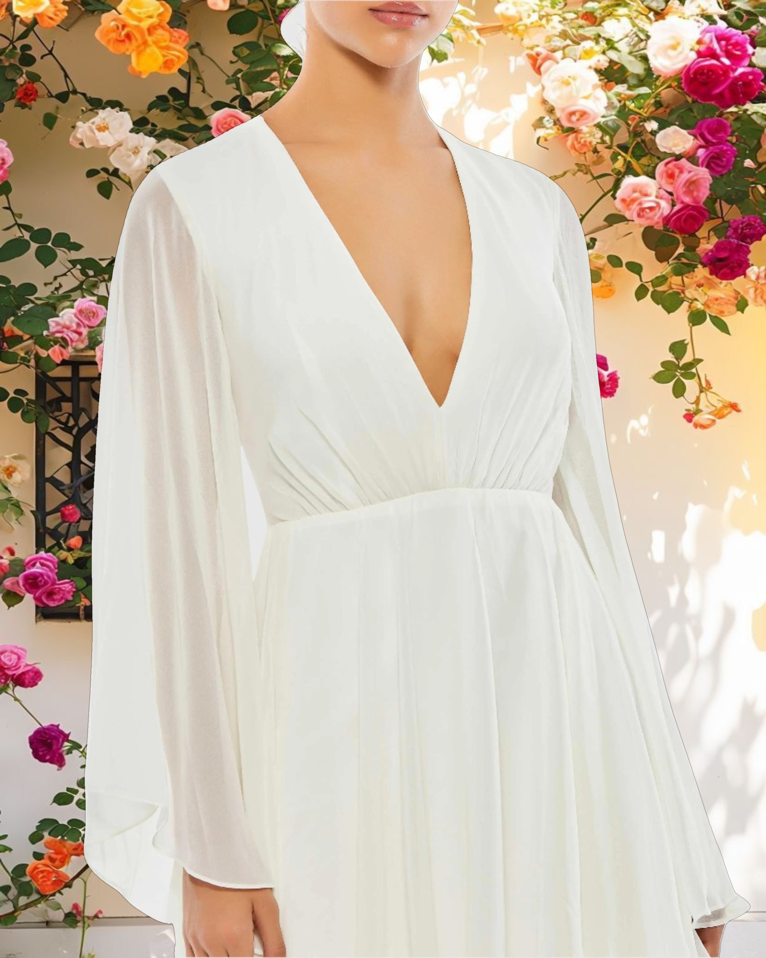 White Solid Flowy V Neck Illusion Sleeve Mini Dress