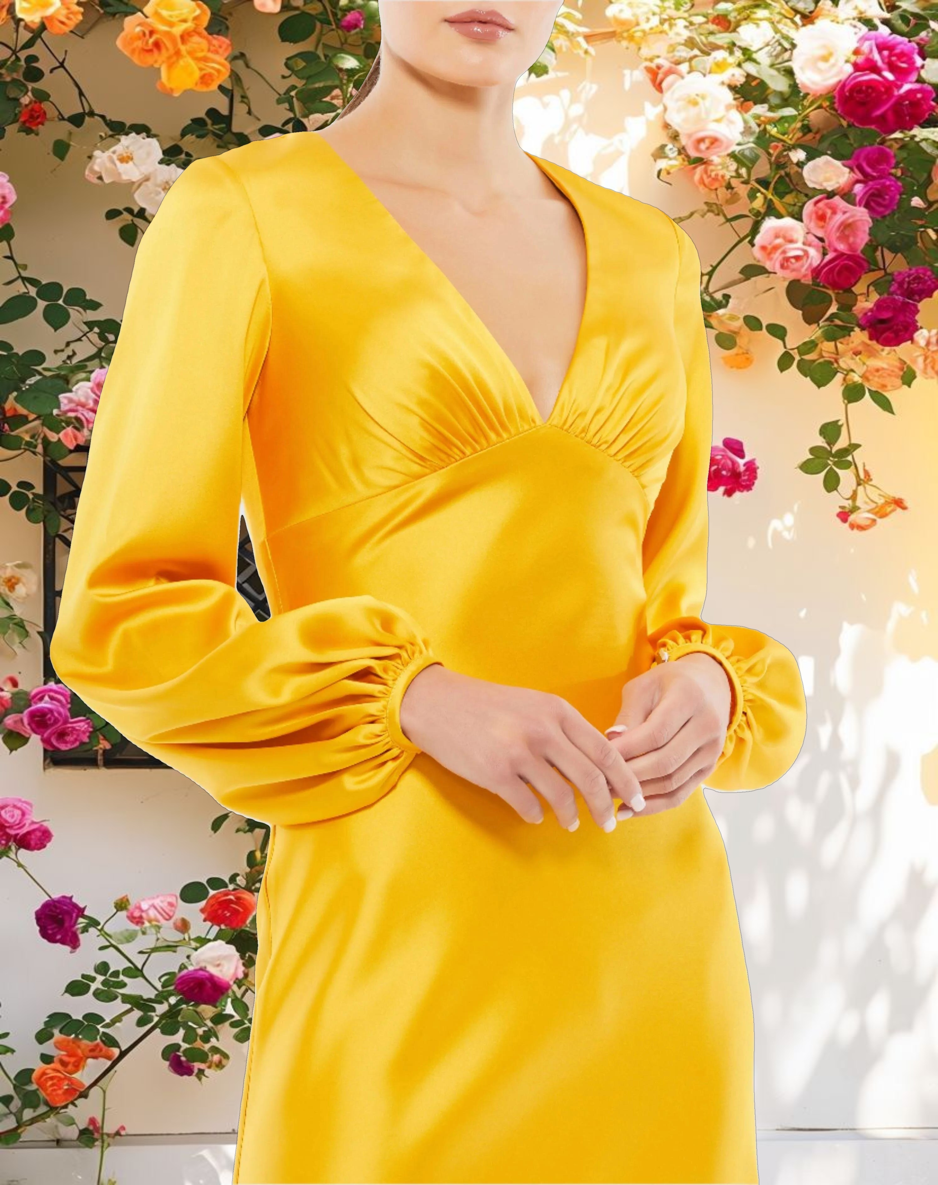 Yellow Charmeuse Empire Waist Blouson Sleeve Gown