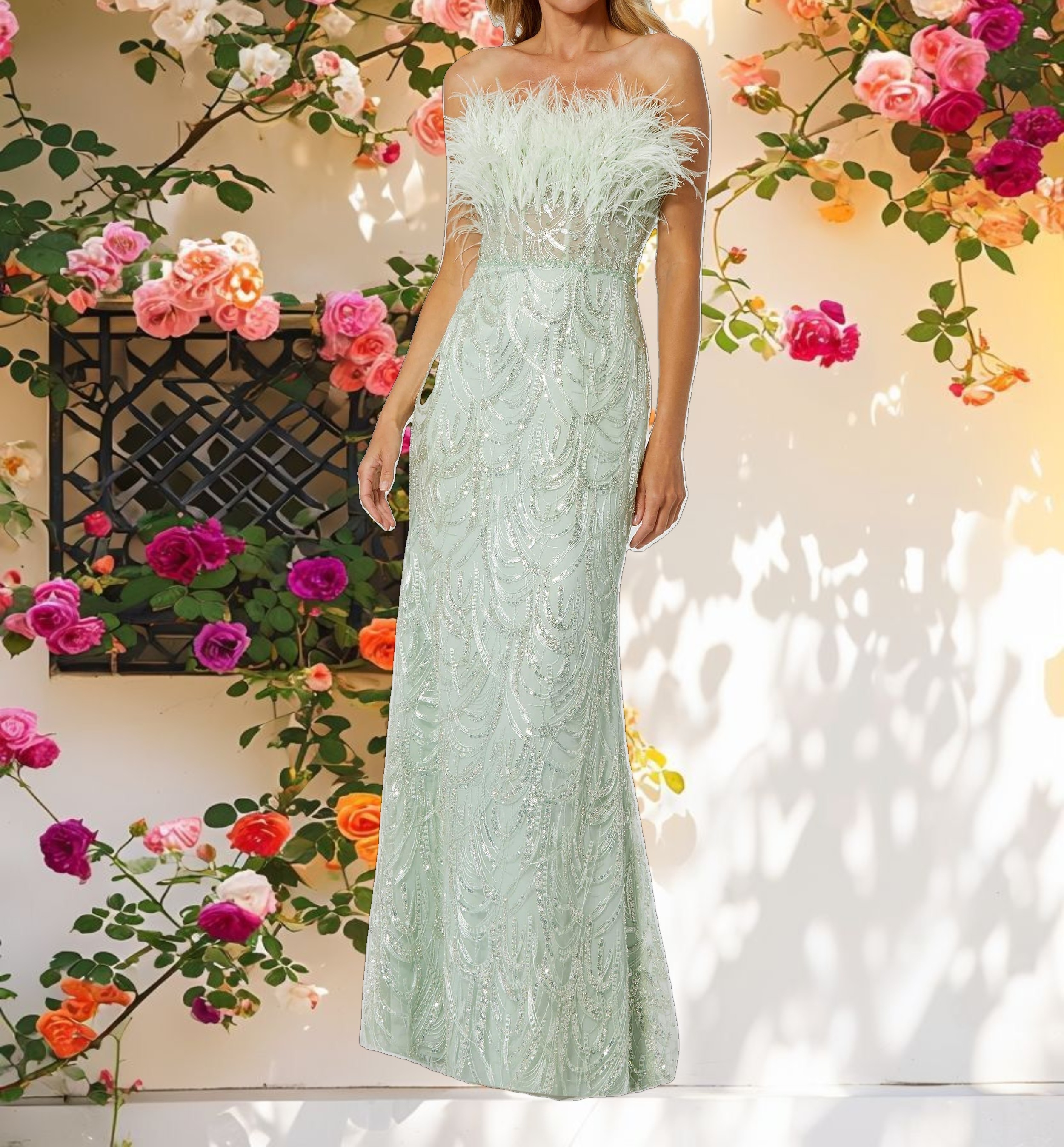 Strapless Feather Bustier Gown