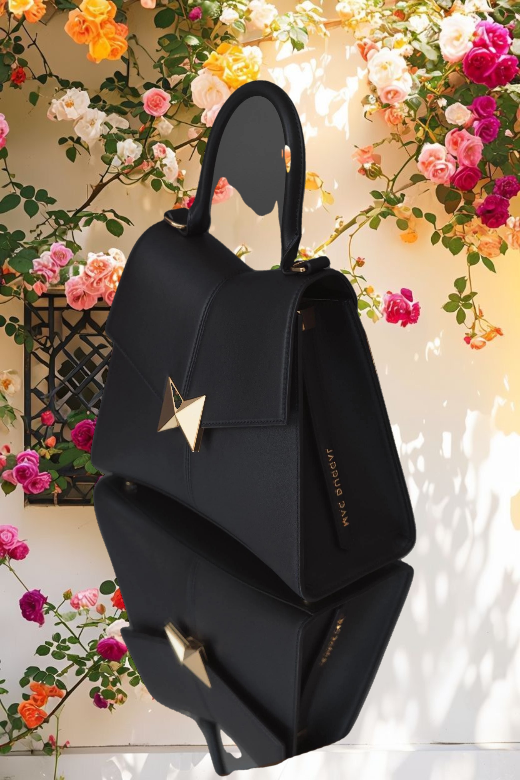 Medium Angular Black Leather Handbag With Gold Hardware