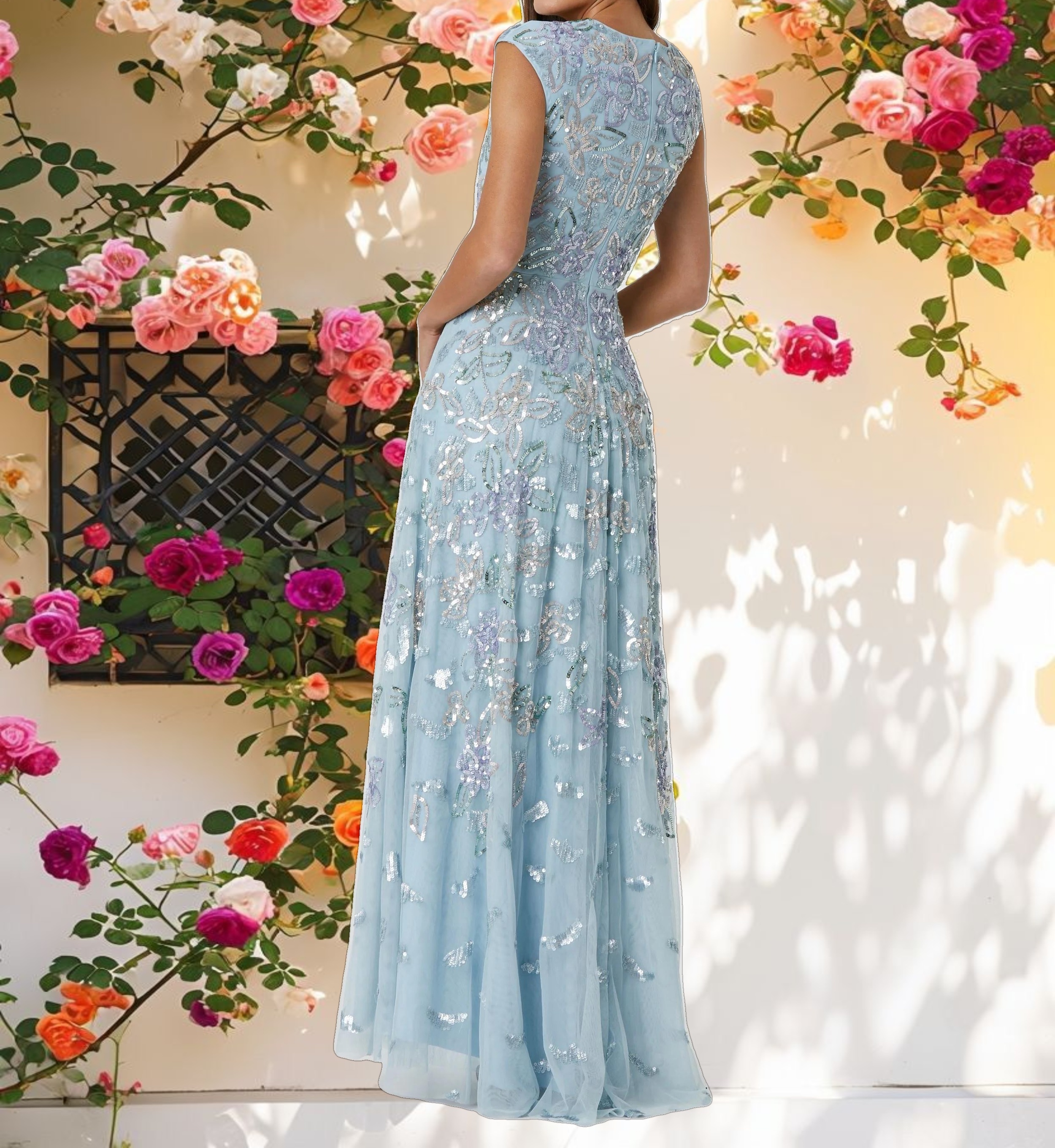 Blue Sequined High Neck Cap Sleeve A Line Gown